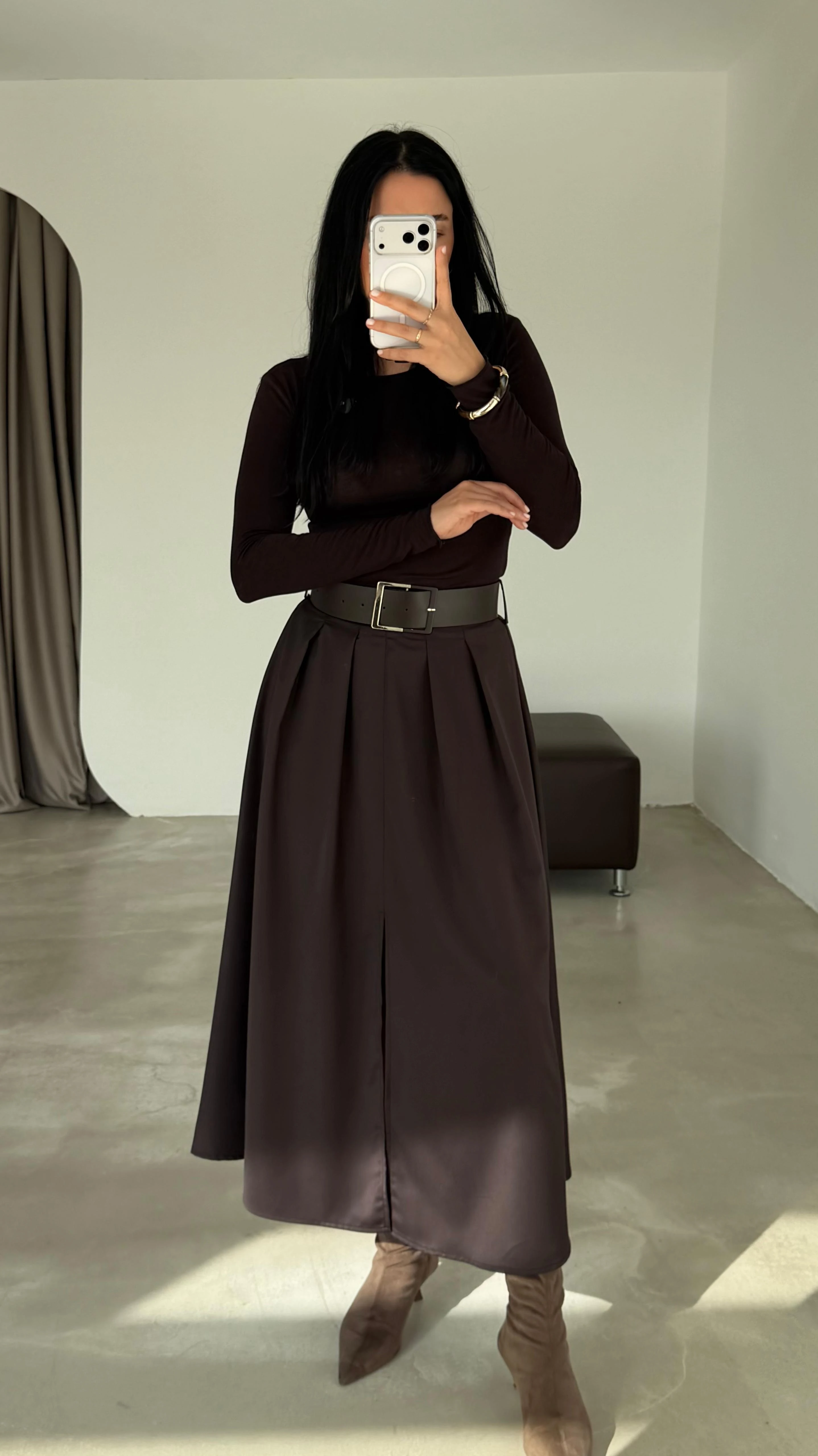 Kemerli Önden Yırtmaçlı Maxi Etek - Acı Kahve