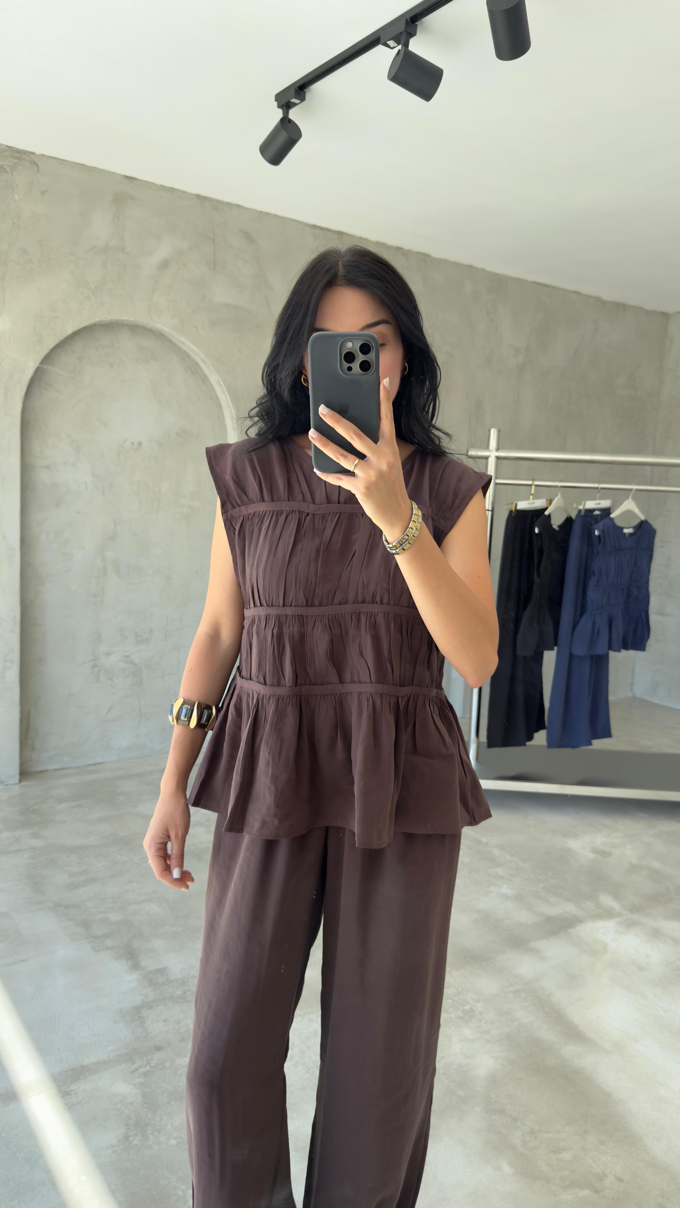 Tensel Nervürlü Bluz Pantolon Takım