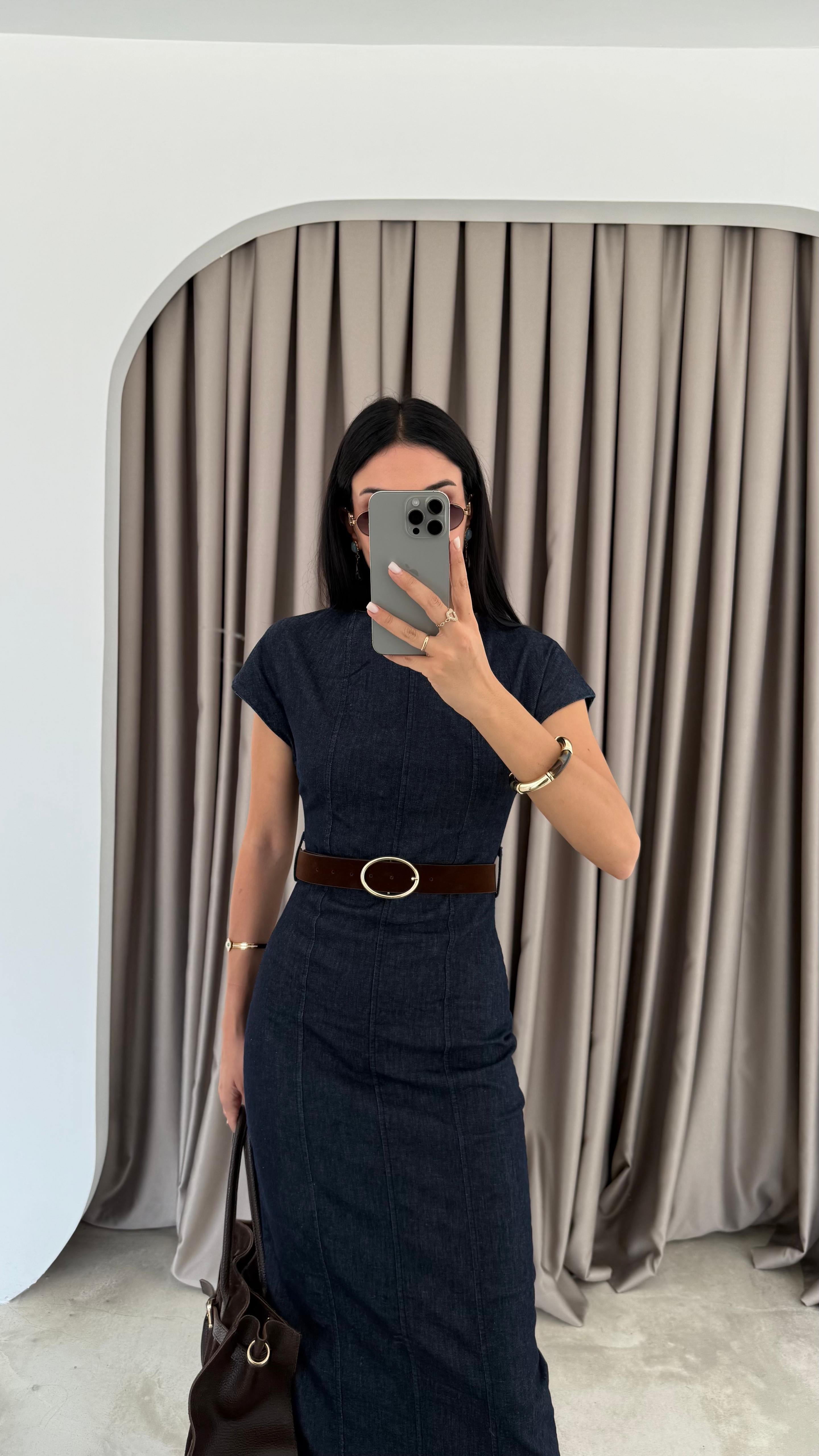 Beli Kemerli Denim Elbise (VNT8239)