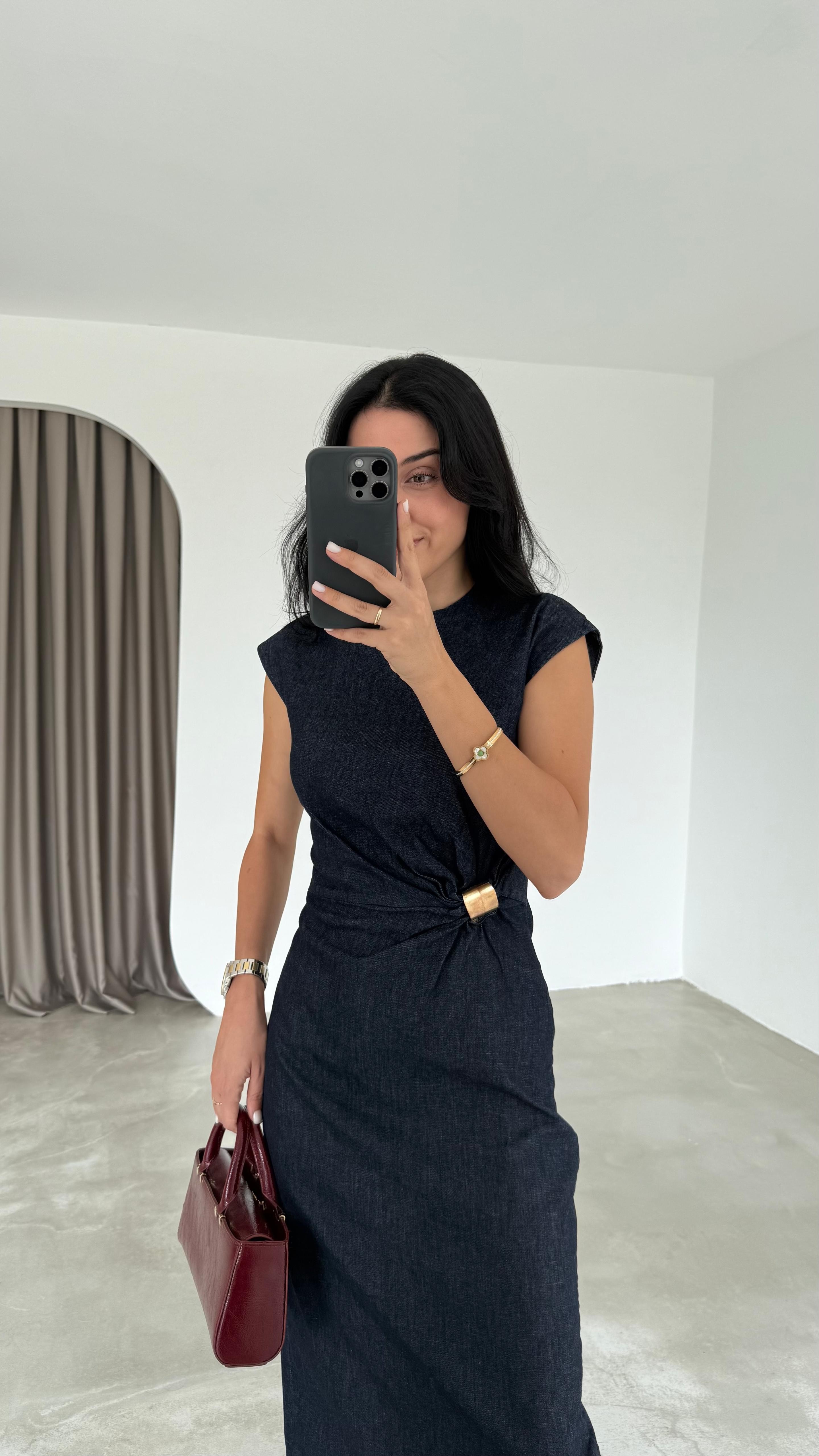 Metal Tokalı Denim Elbise (VNT8192)