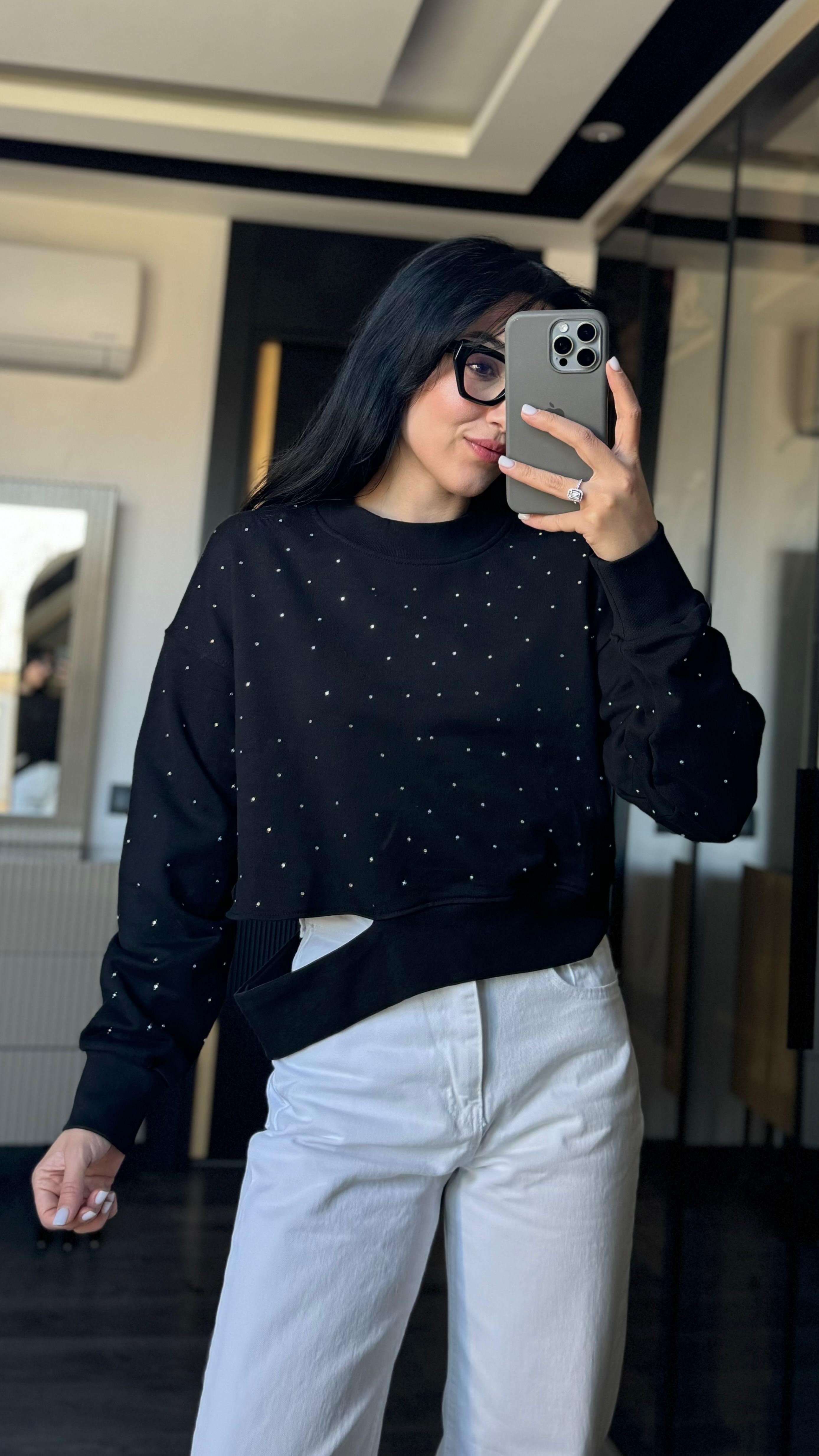 Taşlı Siyah Sweatshırt