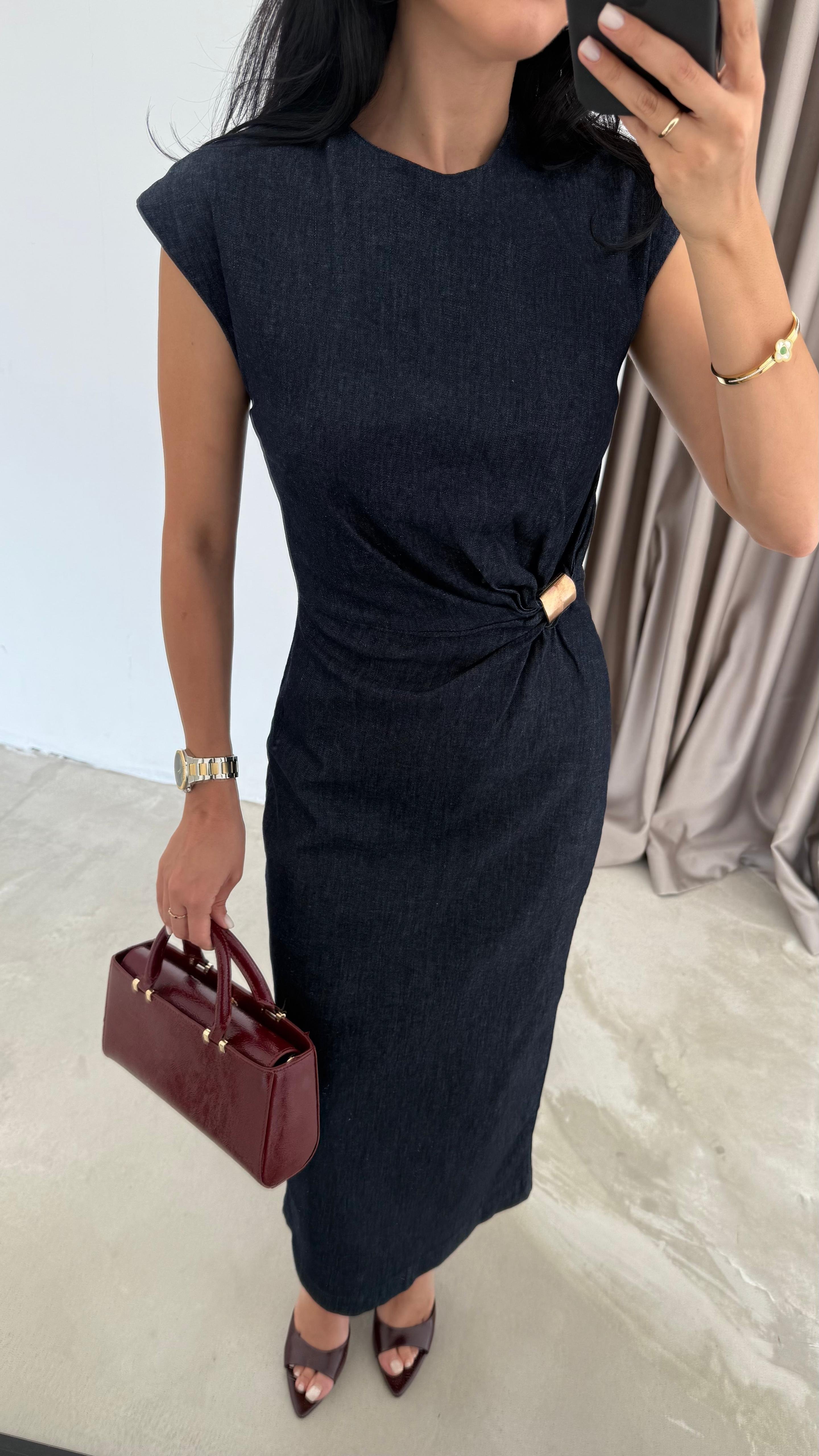 Metal Tokalı Denim Elbise (VNT8192)