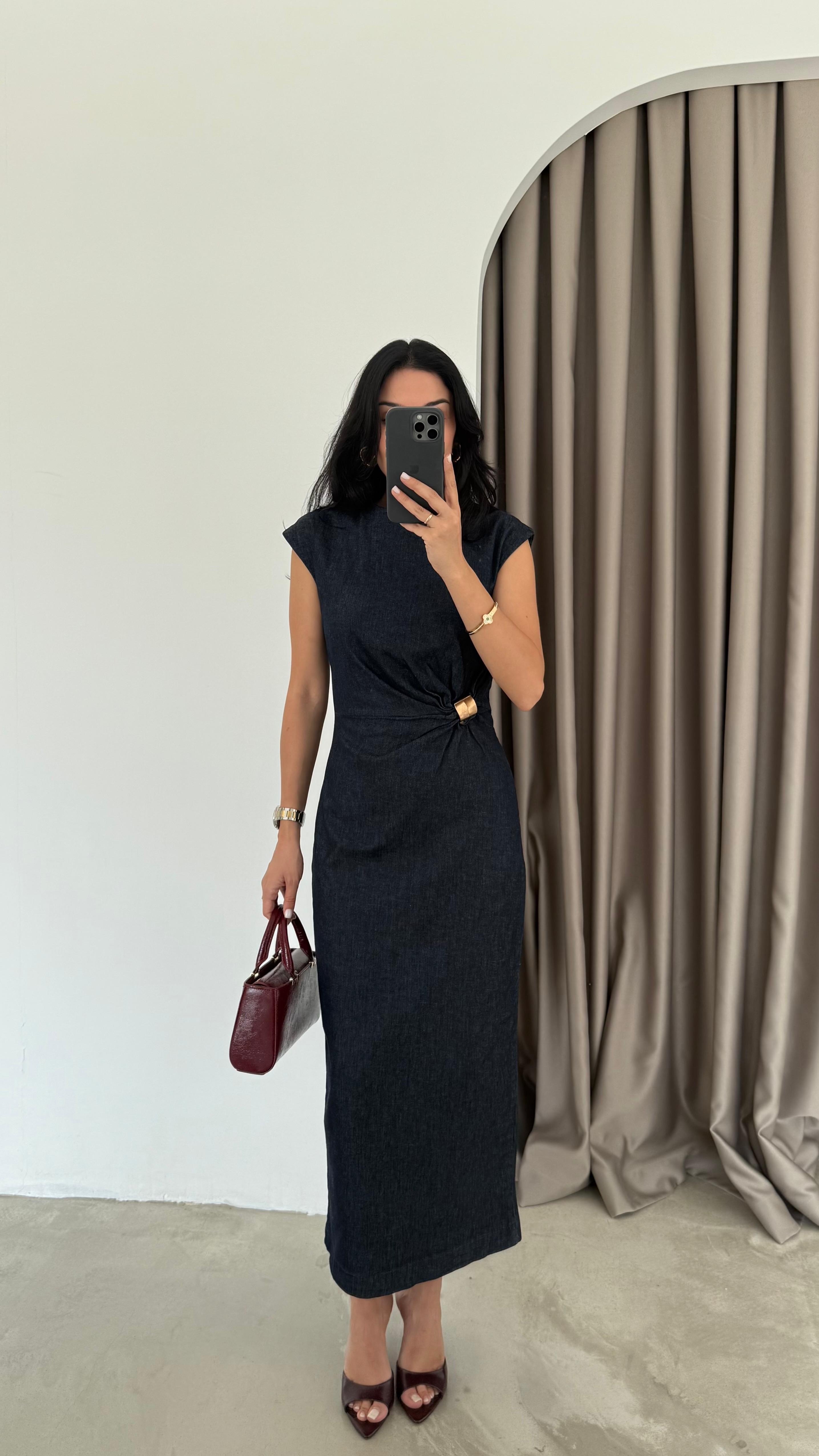 Metal Tokalı Denim Elbise (VNT8192)