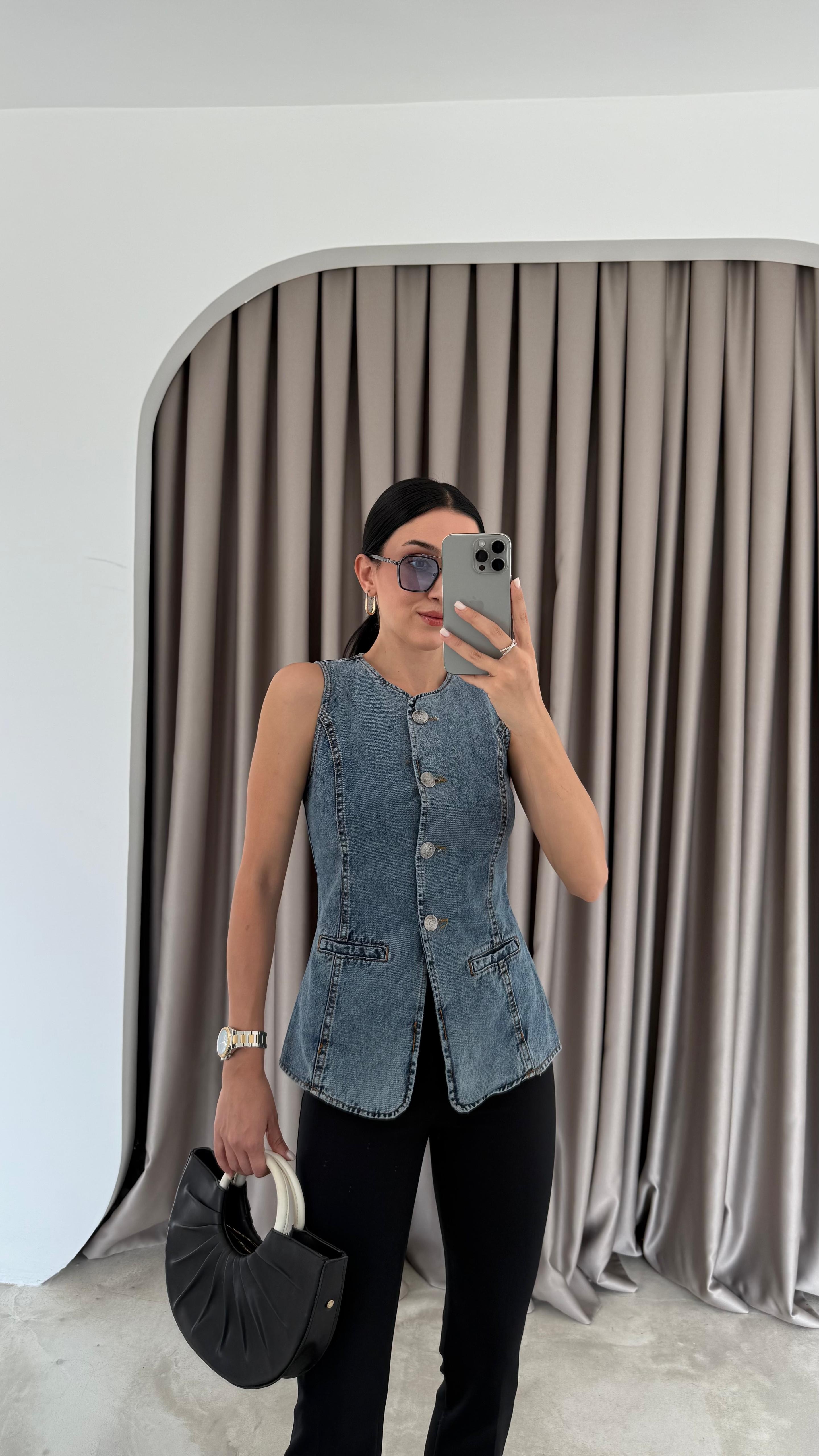 Metal Düğmeli Denim Yelek (VNT0536)