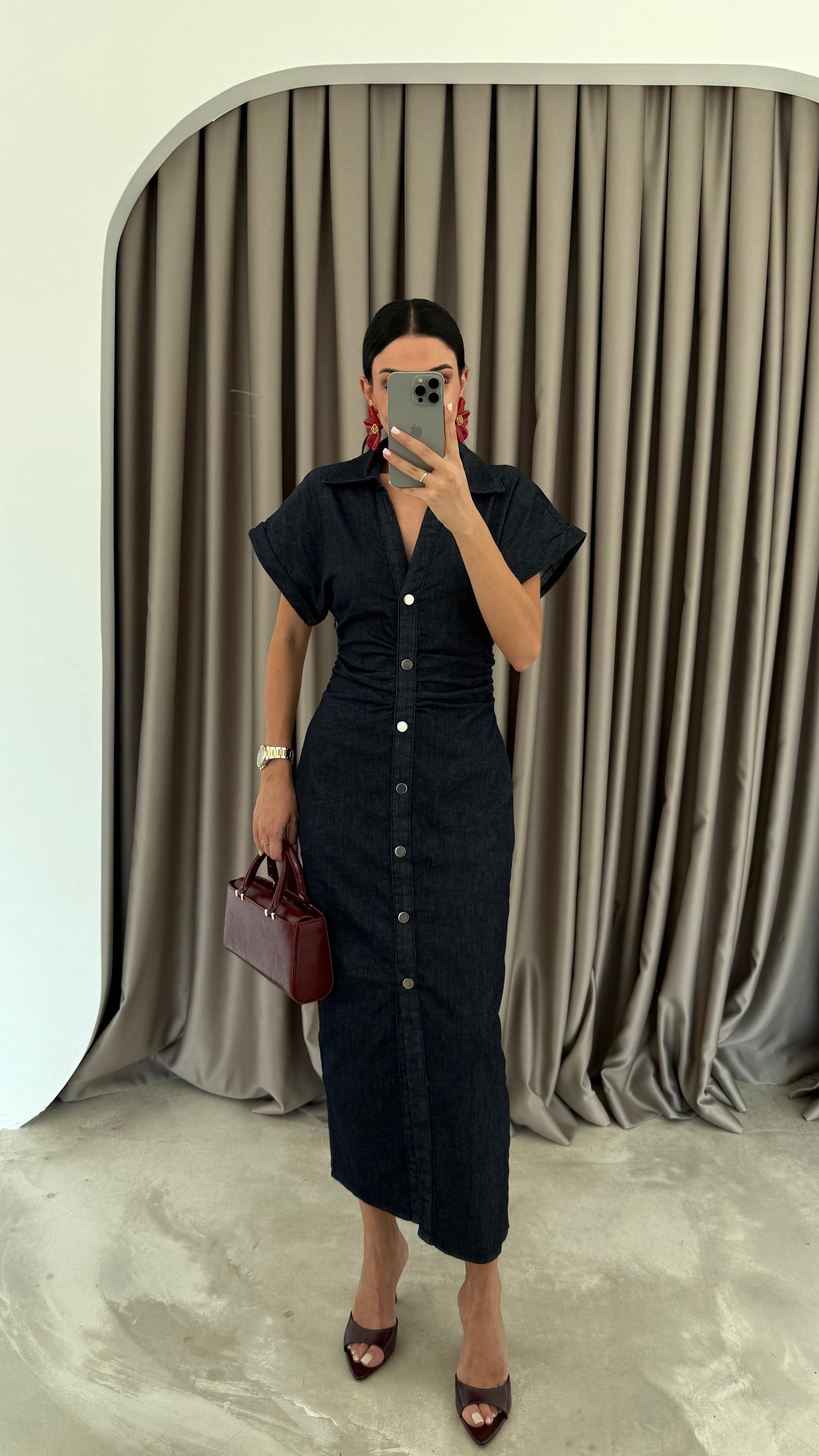 Denim Düşük Kol Drapeli Elbise (VNT8198)