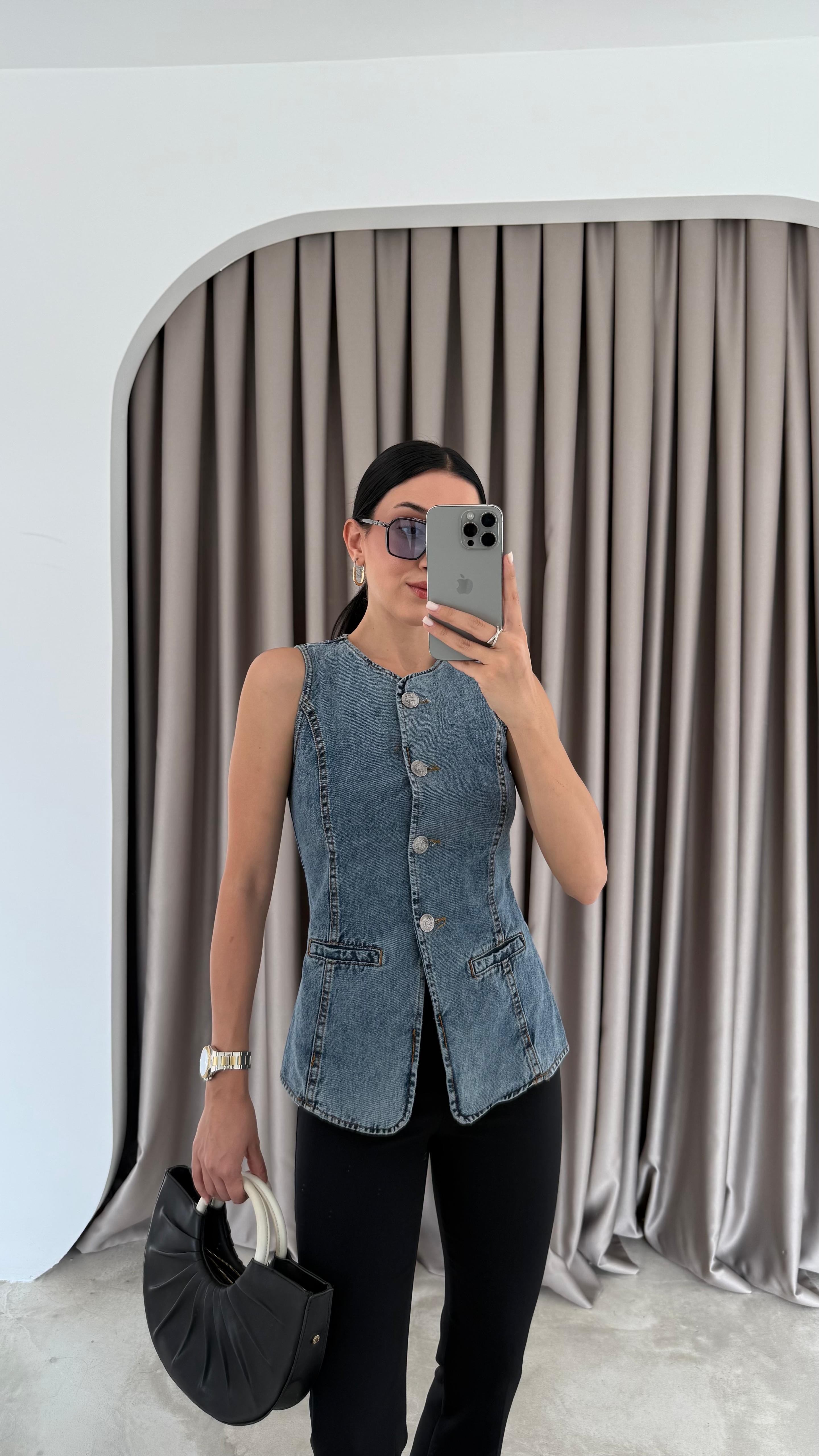 Metal Düğmeli Denim Yelek (VNT0536)