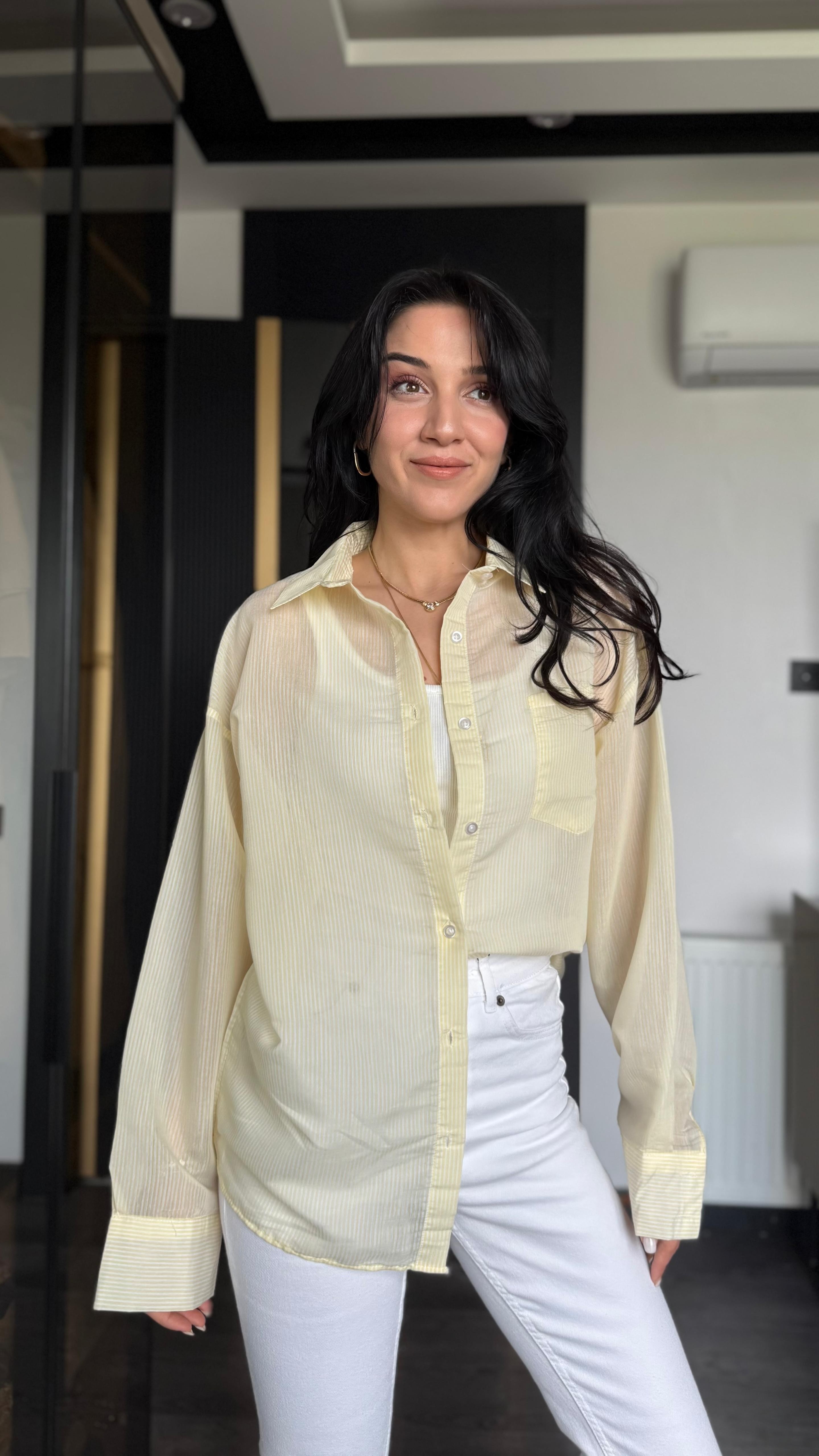 Orijinal Marka Çizgili Gömlek - Sarı