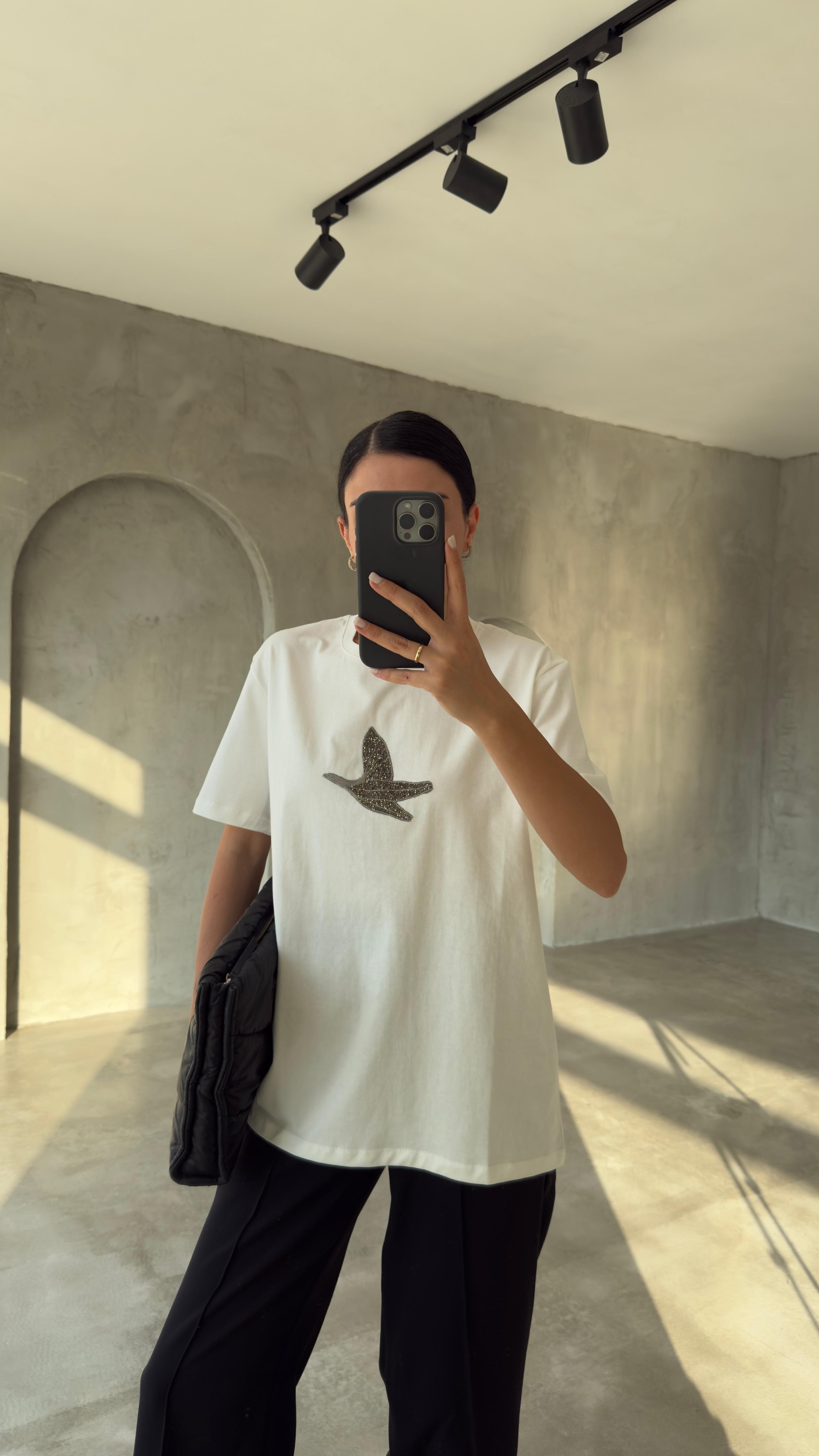 Orijinal Marka Siyah Taş İşlemeli Tshirt