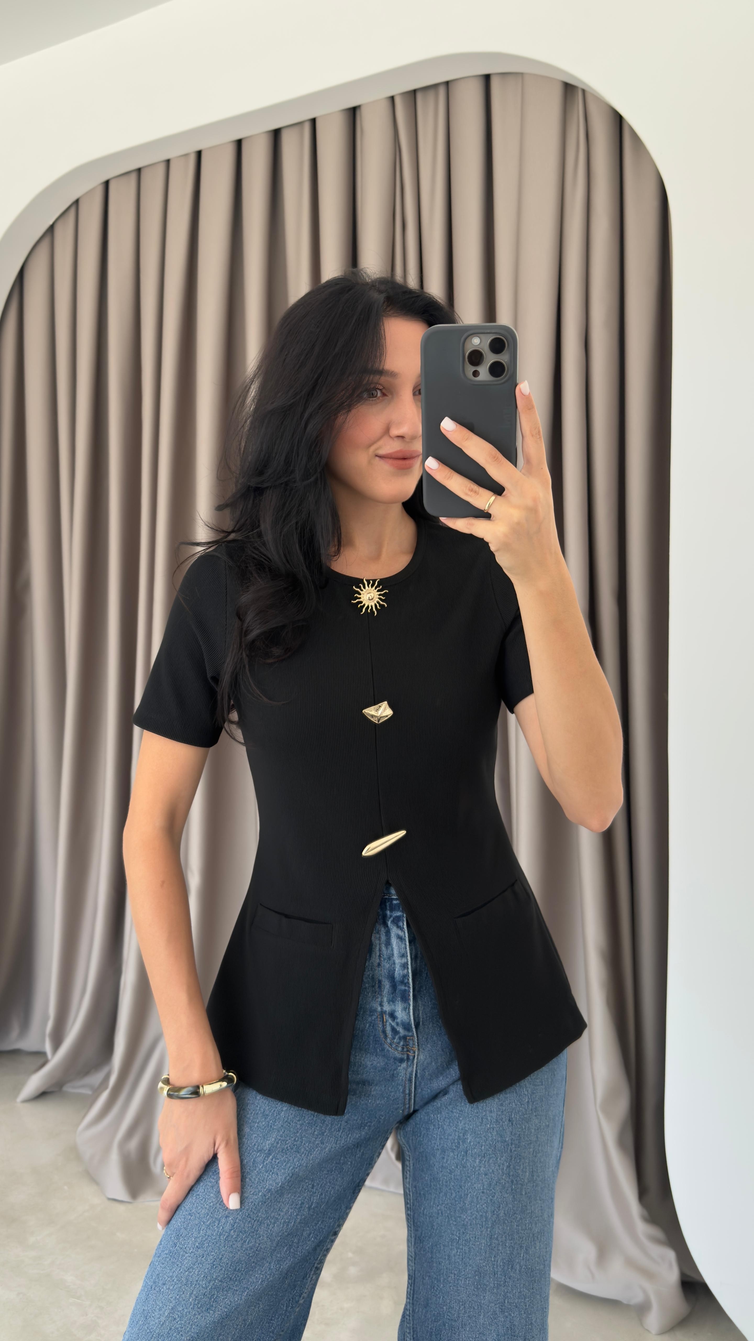 Ottoman Kumaş Gold Düğme Detaylı Bluz