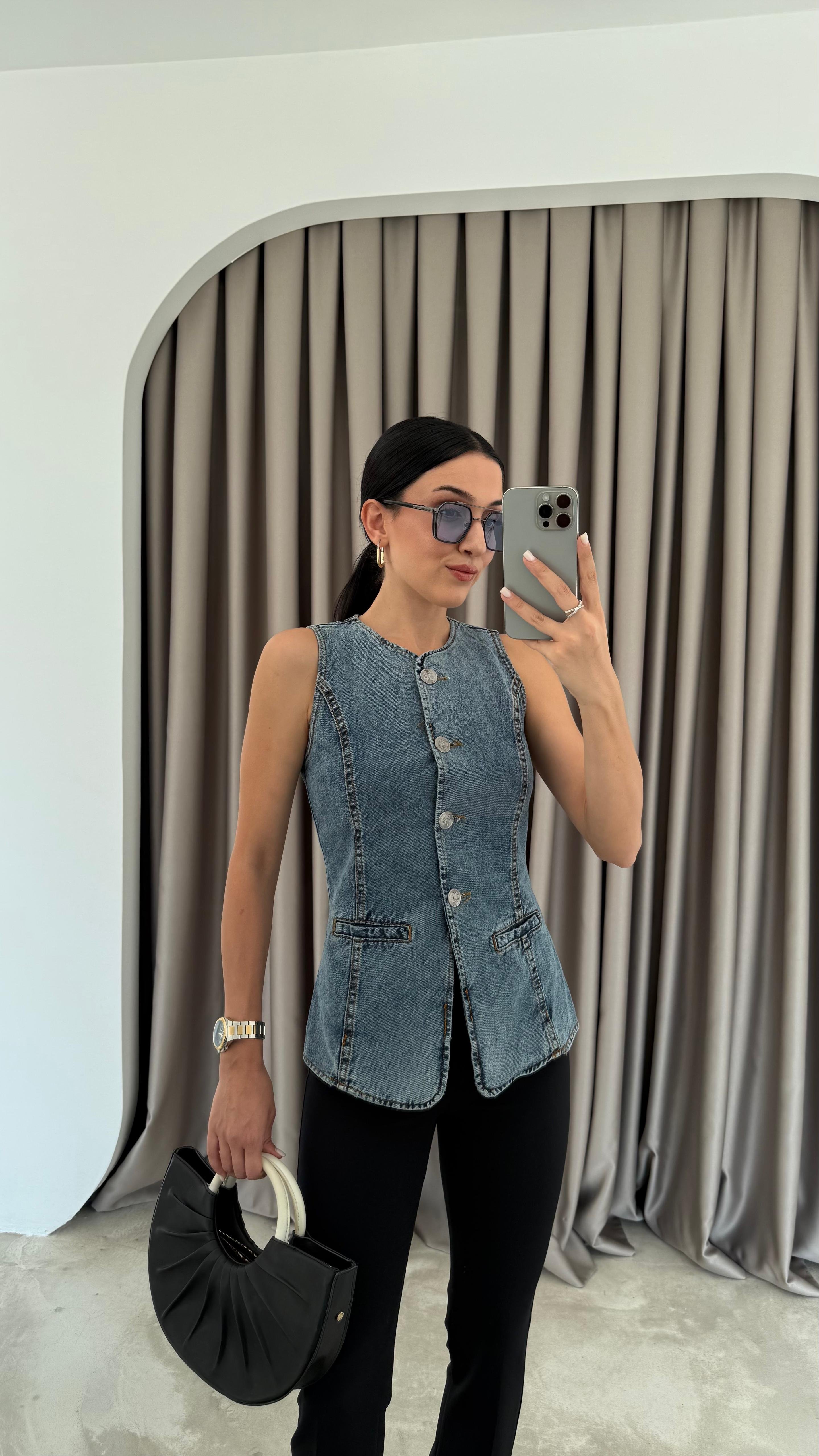 Metal Düğmeli Denim Yelek (VNT0536)