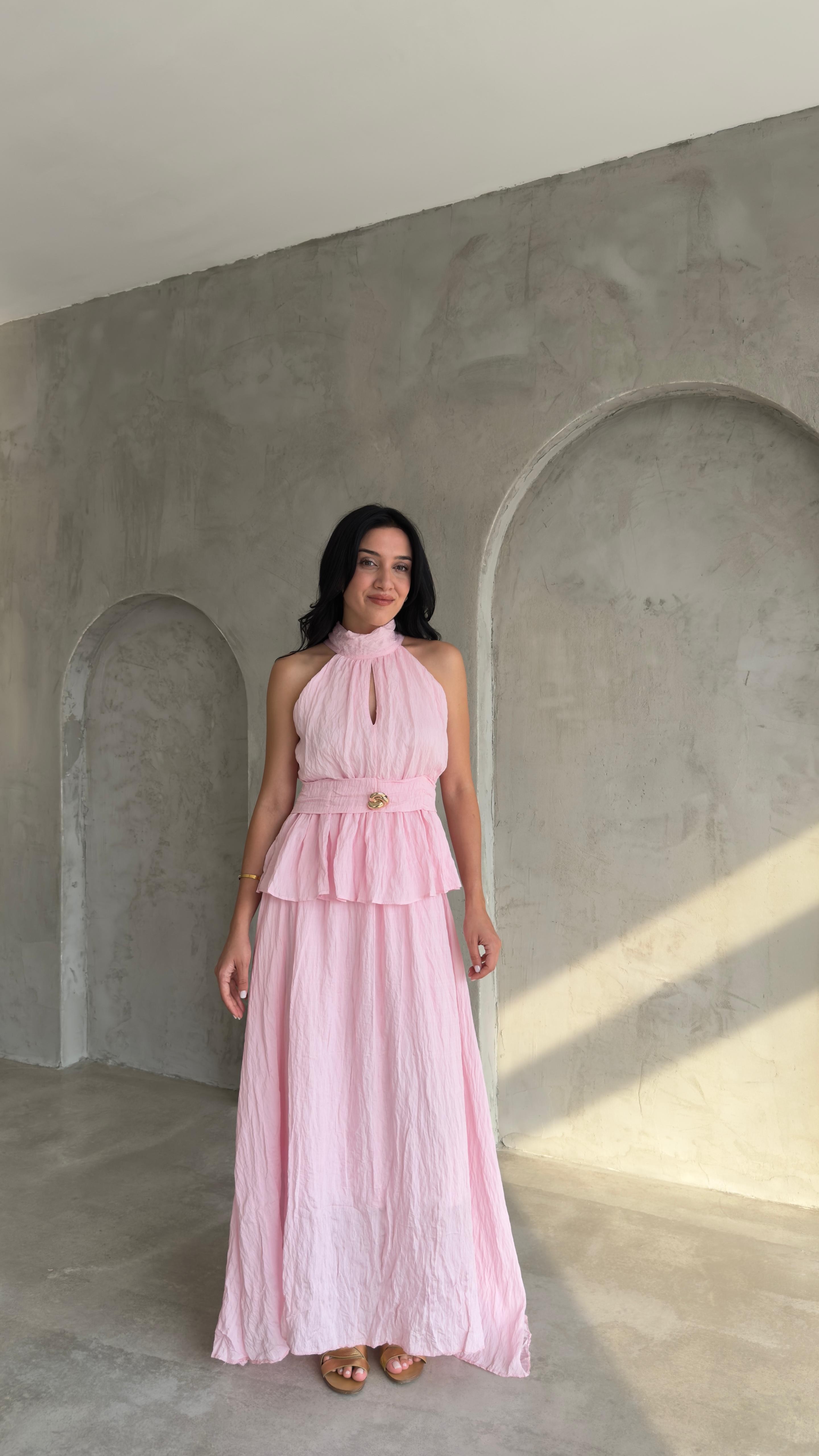 Piliseli Halter Yaka Bluz Etek Takım