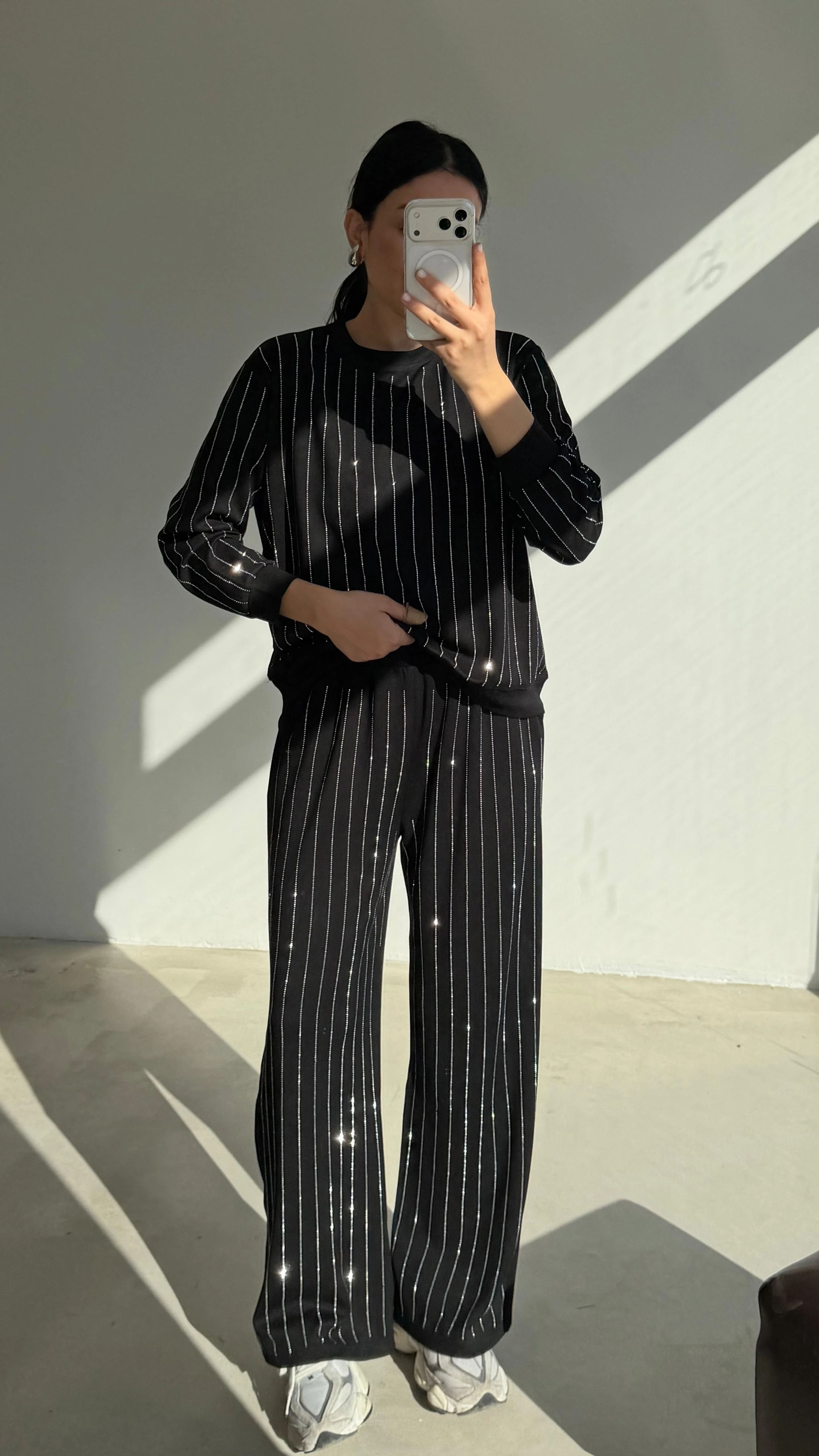 Taşlı Sweat Pantolon Takım - Siyah