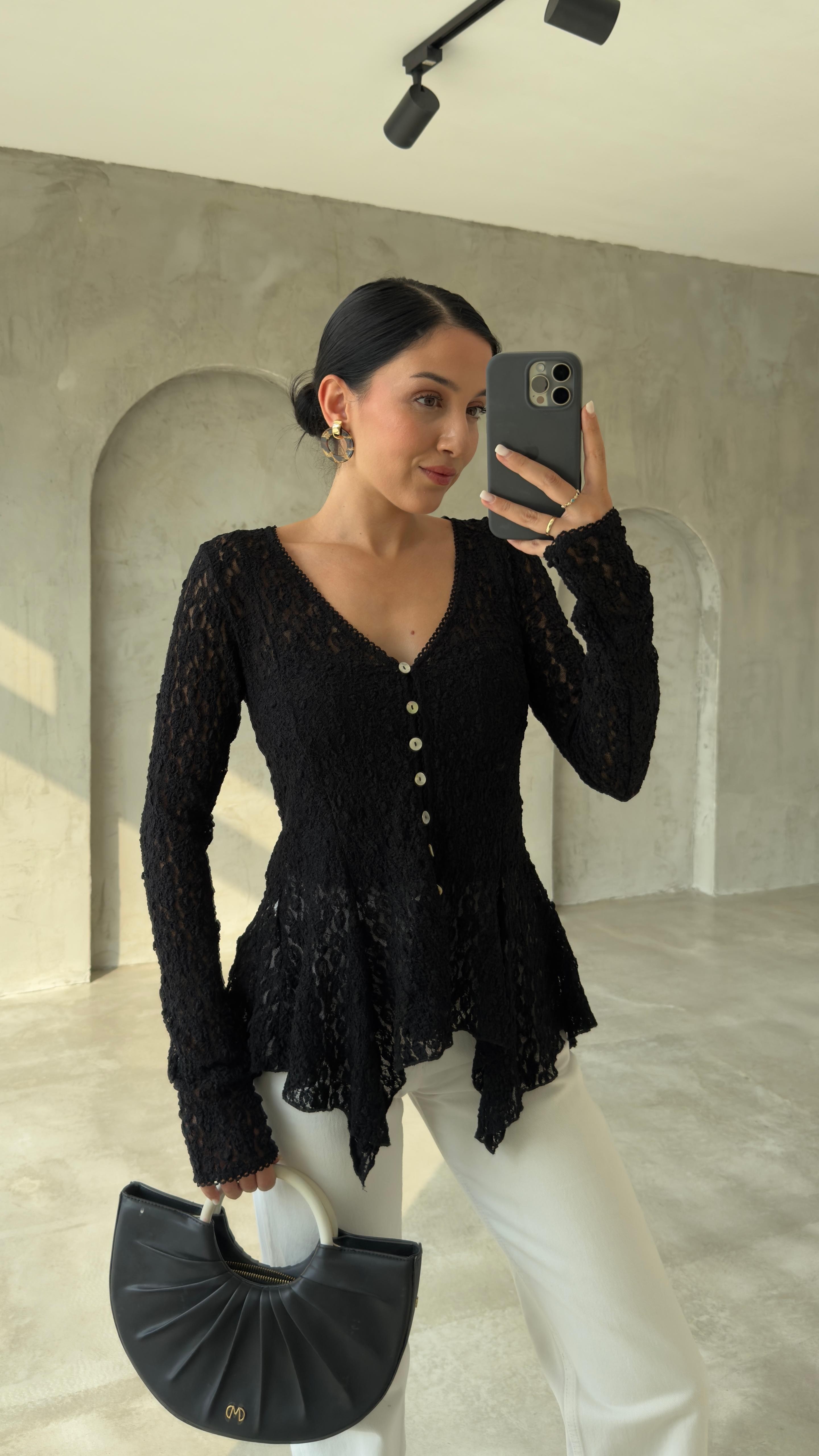 Düğmeli Peplum Dantel Hırka (VNT60433)
