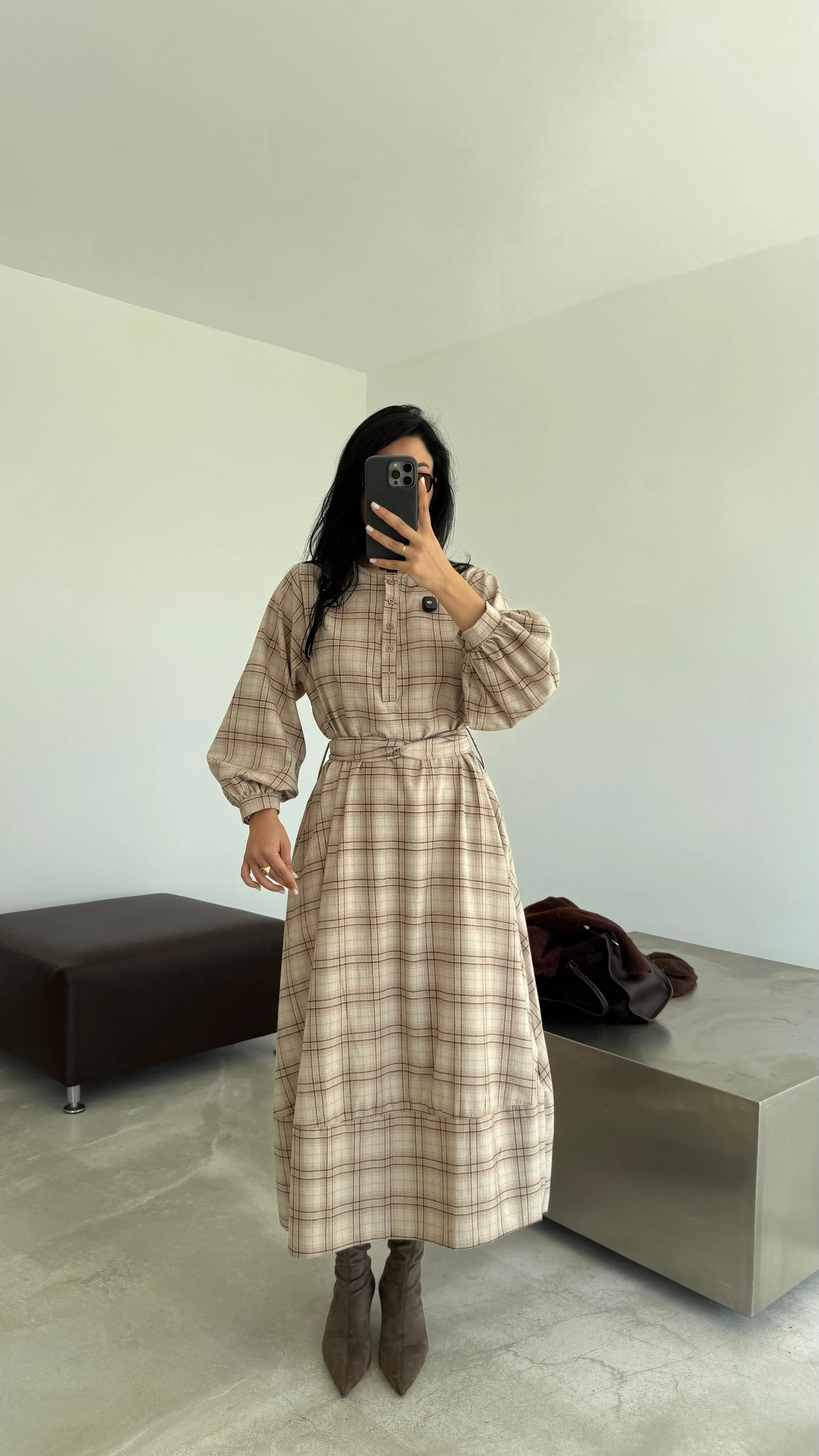 Ekose Desenli Kuşaklı Midi Elbise