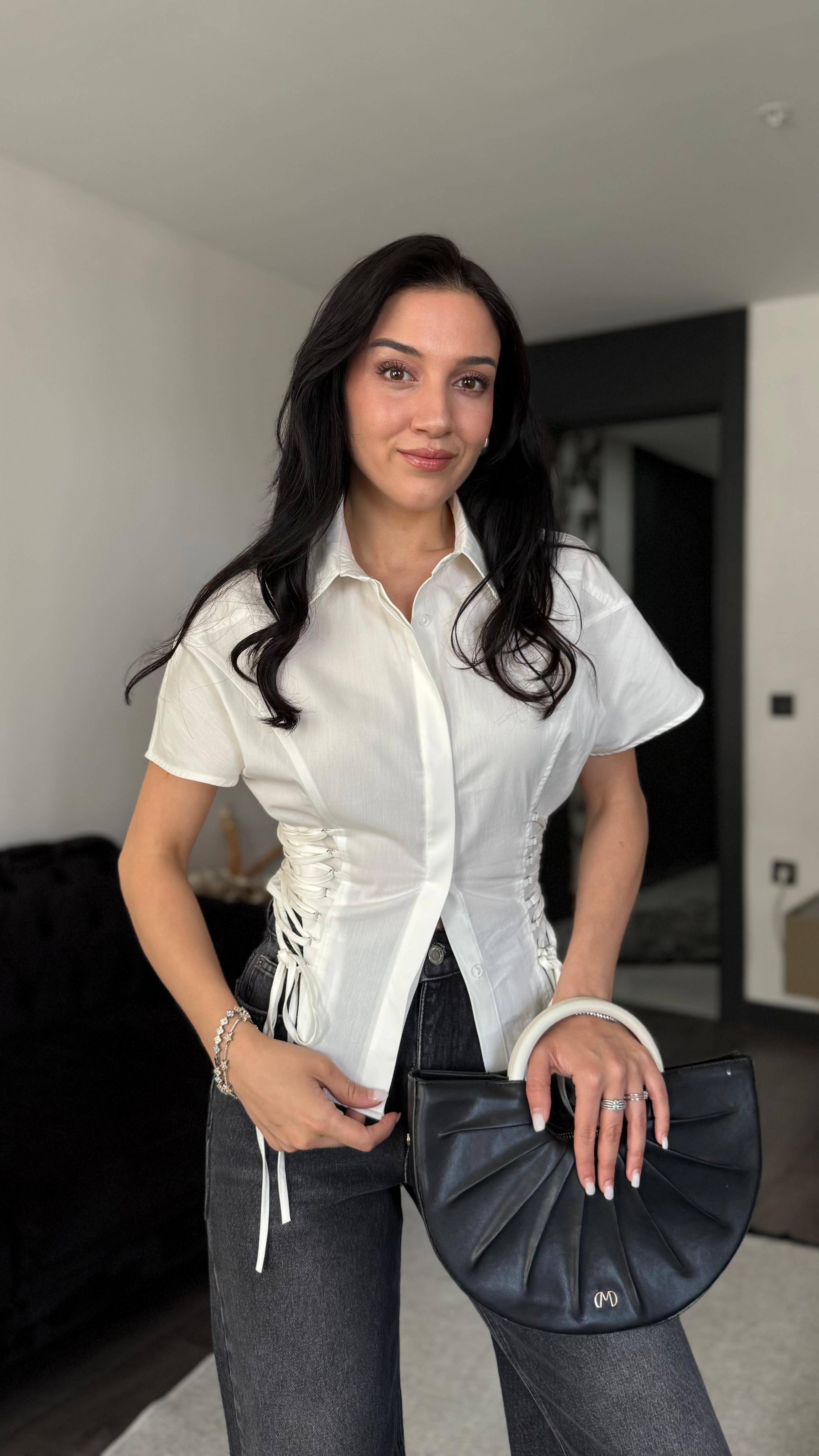 Yandan İp Detaylı Gömlek - Beyaz