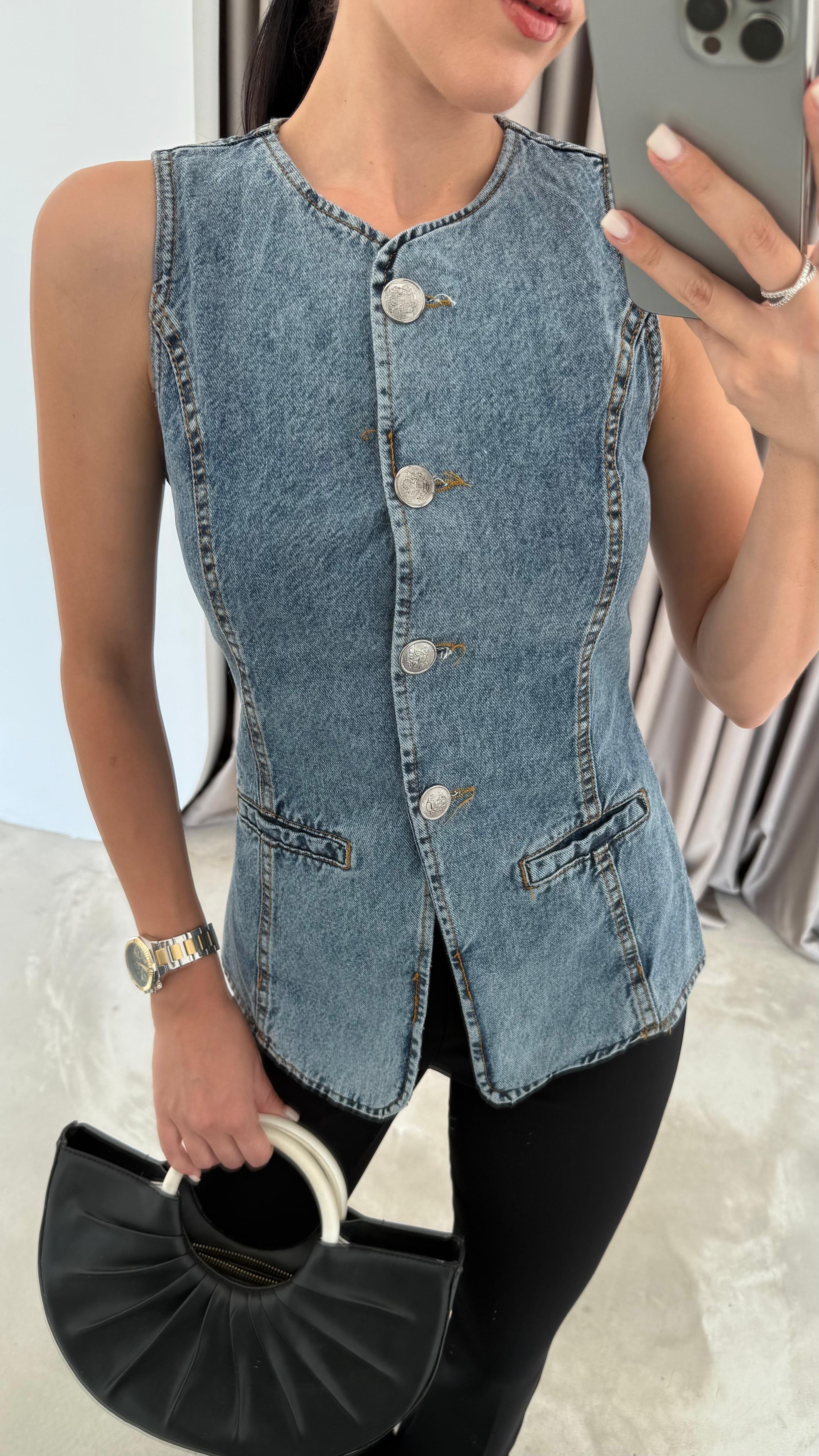 Metal Düğmeli Denim Yelek (VNT0536)