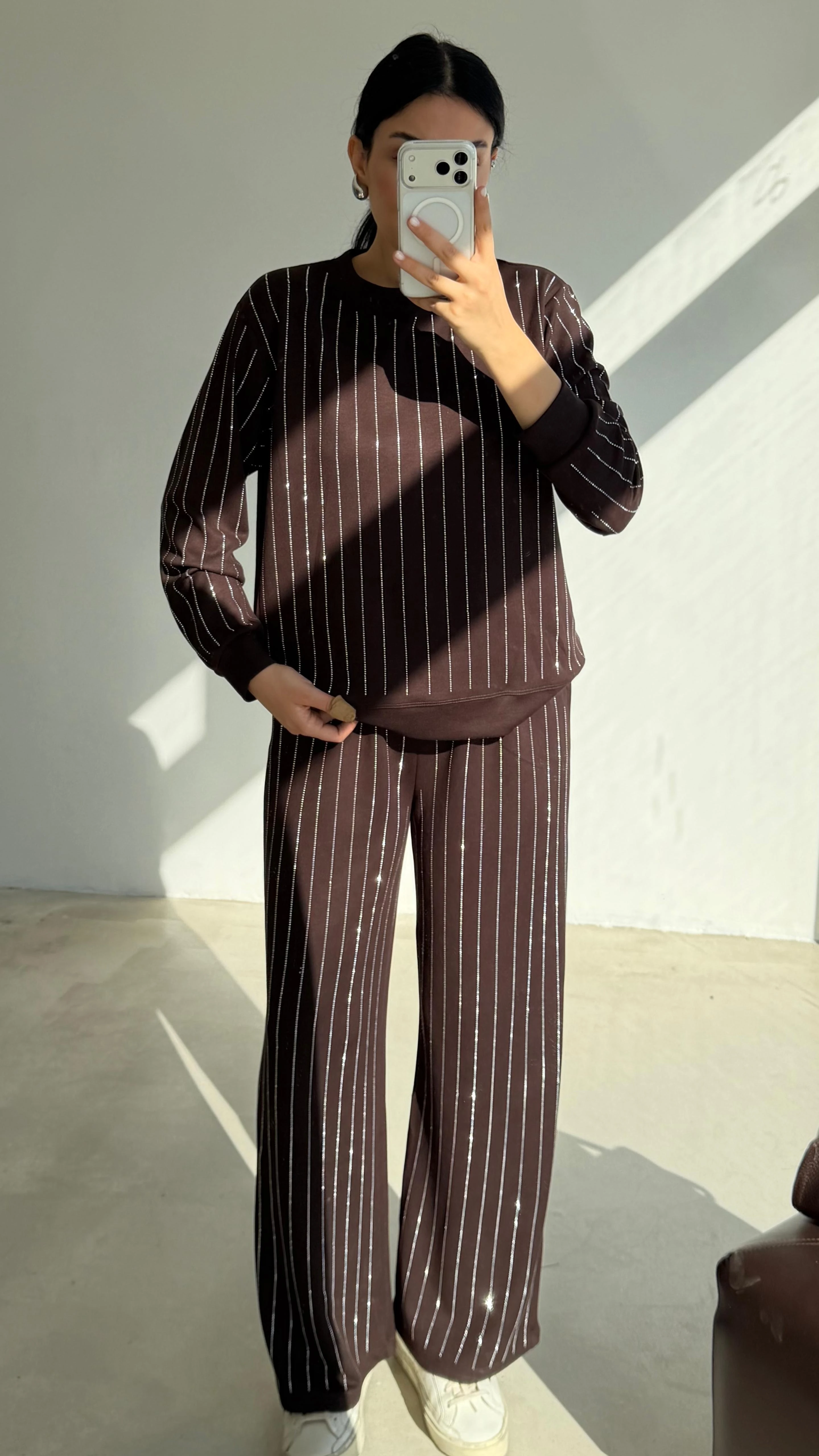 Taşlı Sweat Pantolon Takım - KAHVERENGİ