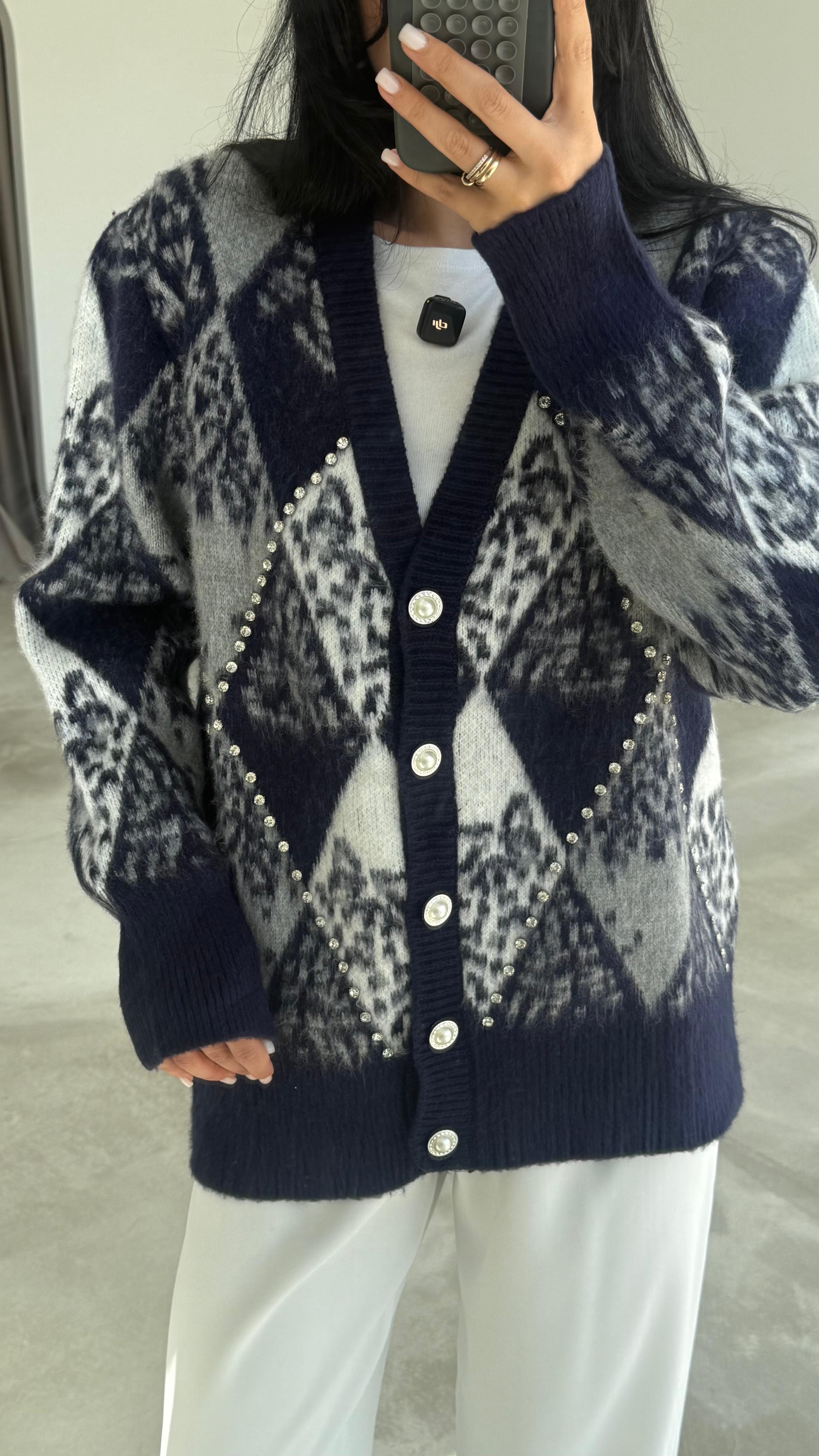 Taş Detaylı Baklava Desen Hırka (VNT0072)