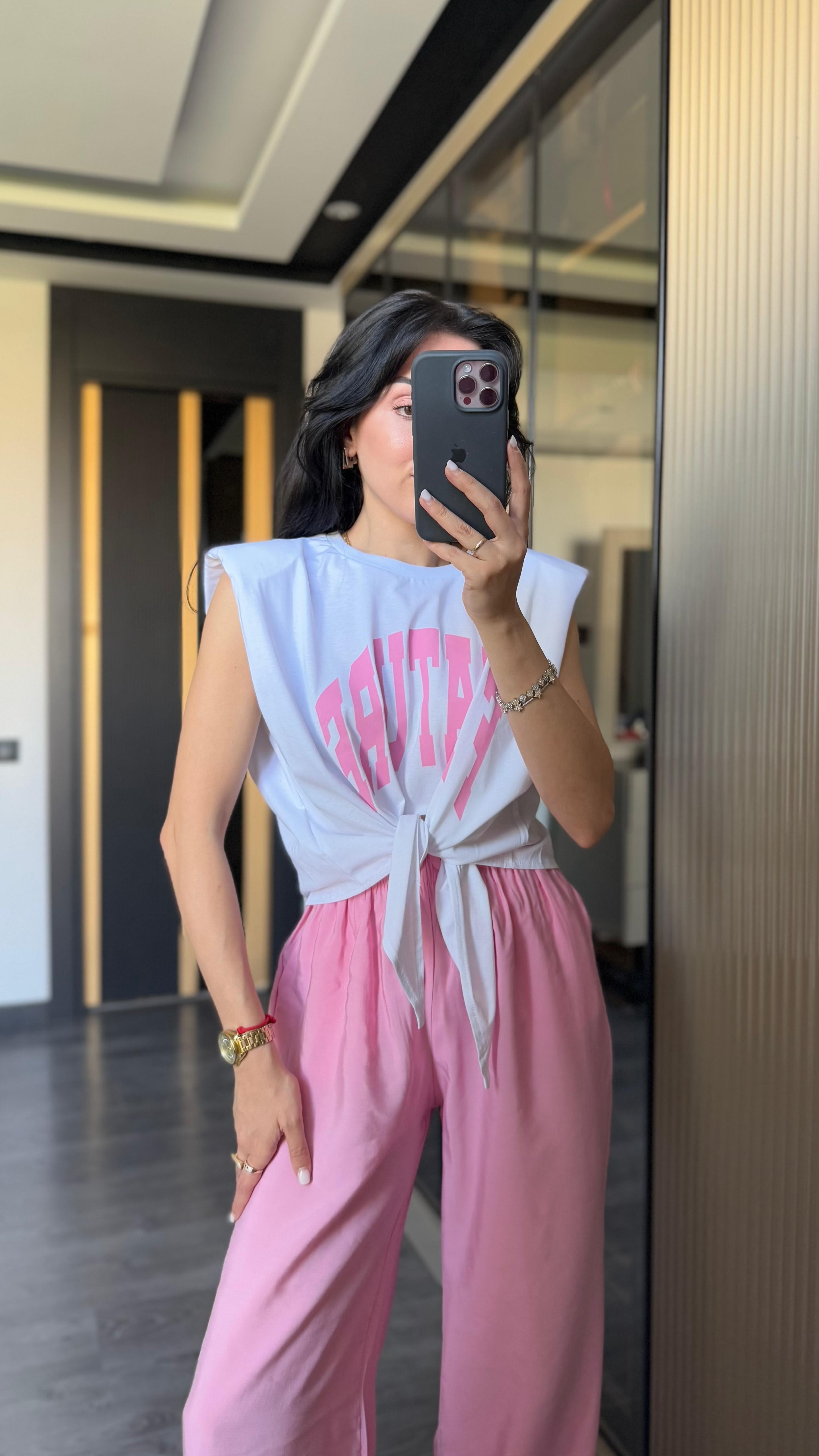 Vatkalı Bağlamalı Crop Basic - Pembe