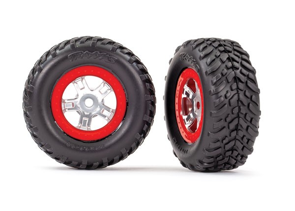  Tires & wheels, assembled, glued (SCT satin chrome wheels, red beadlock style, SCT off-road racing tires, foam inserts) (1 each, right & left) TRX7073A