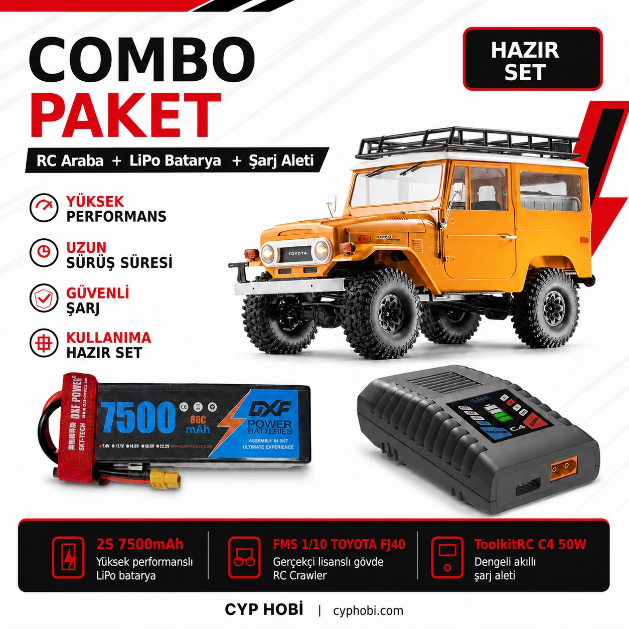 FMS 1/10 Toyota Land Cruiser FJ40 (Pil ve Şarj Aleti Combo)