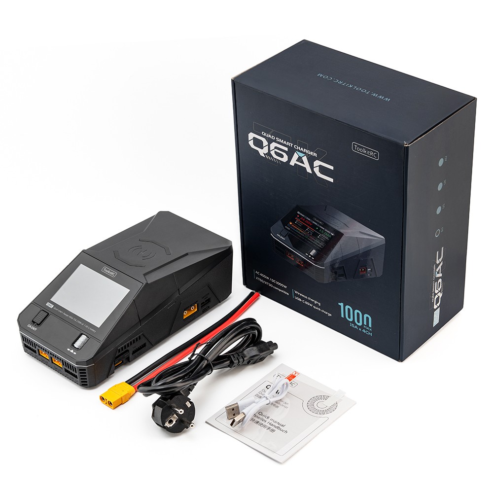 ToolkitRC Q6AC 1000W AC/DC 4‑Kanallı Akıllı Şarj Cihazı (1–6S, USB‑C 65W)