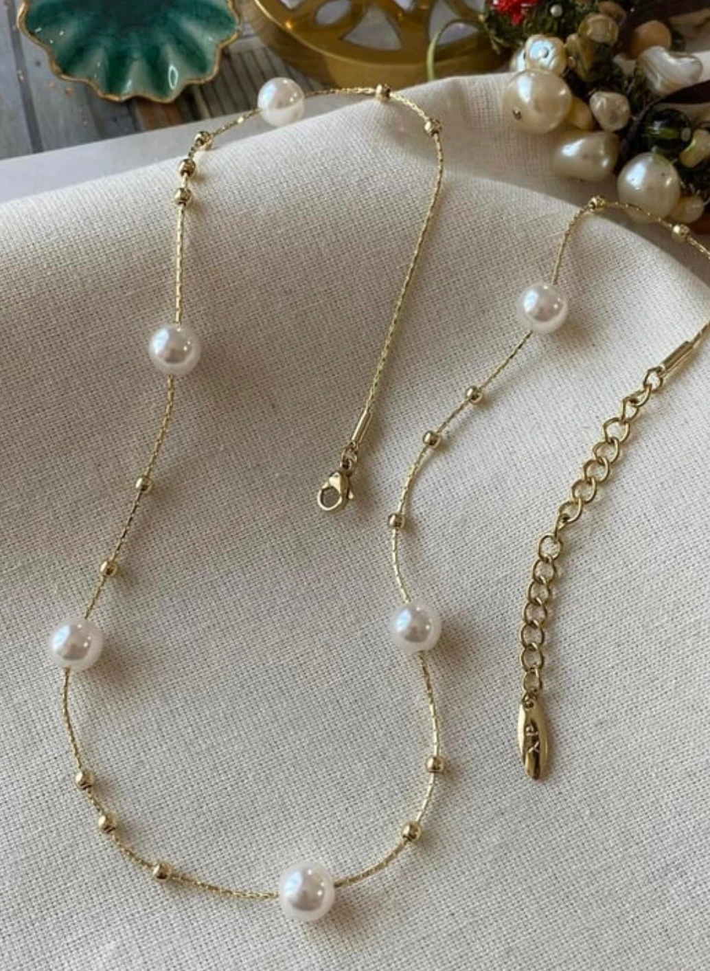 Vip 14K İnci Detaylı Çift Dorikalı Zincir Kolye