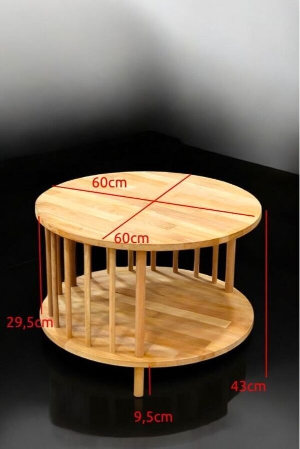 Lüx Natural Ahşap Yuvarlak Orta Sehpa Ahşap Ayaklı Sehpa Iki Raflı Sehpa Dekoratif Sehpa Gazetelikli