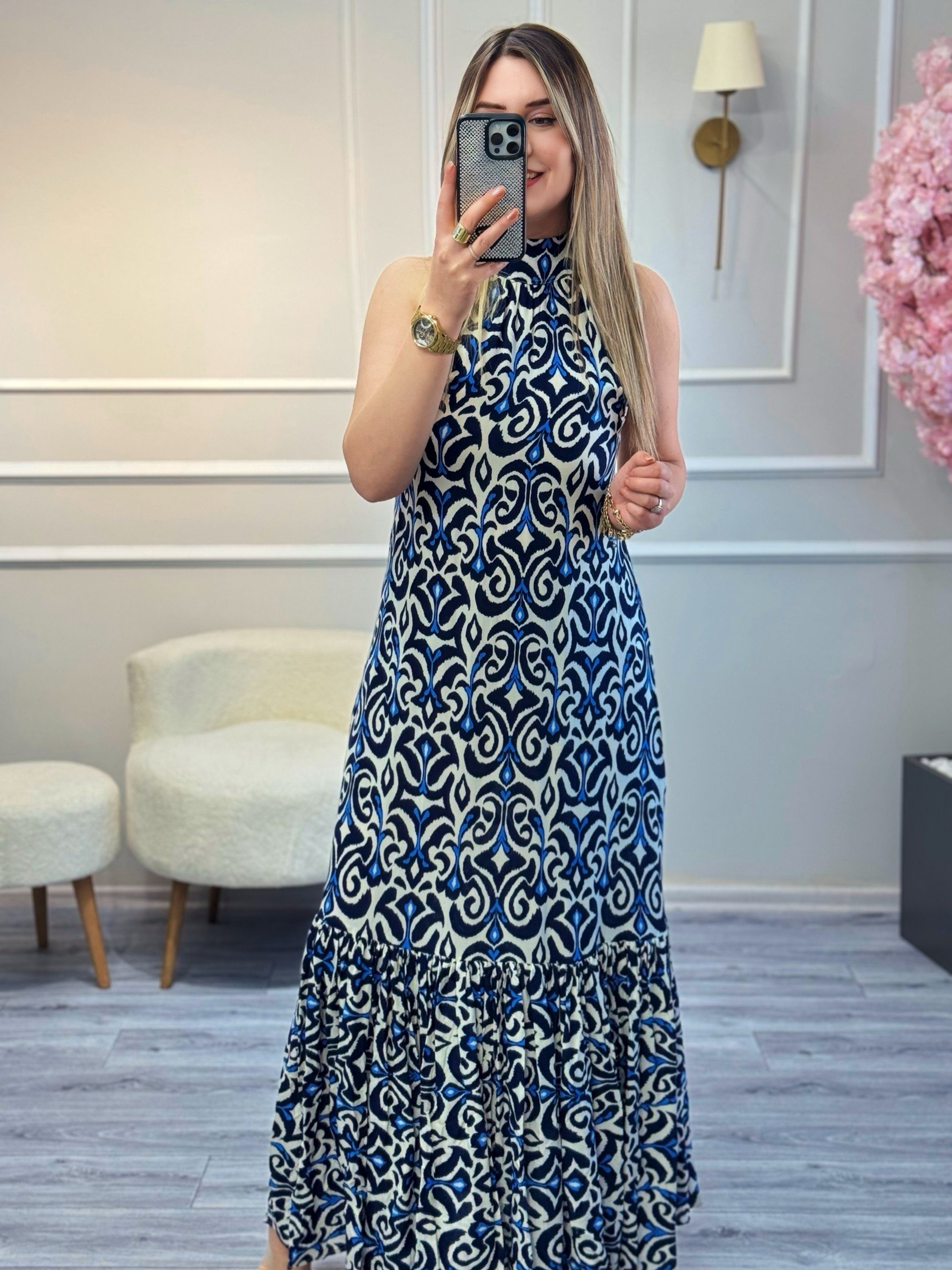 Halter Yaka Volanlı Maxi Elbise
