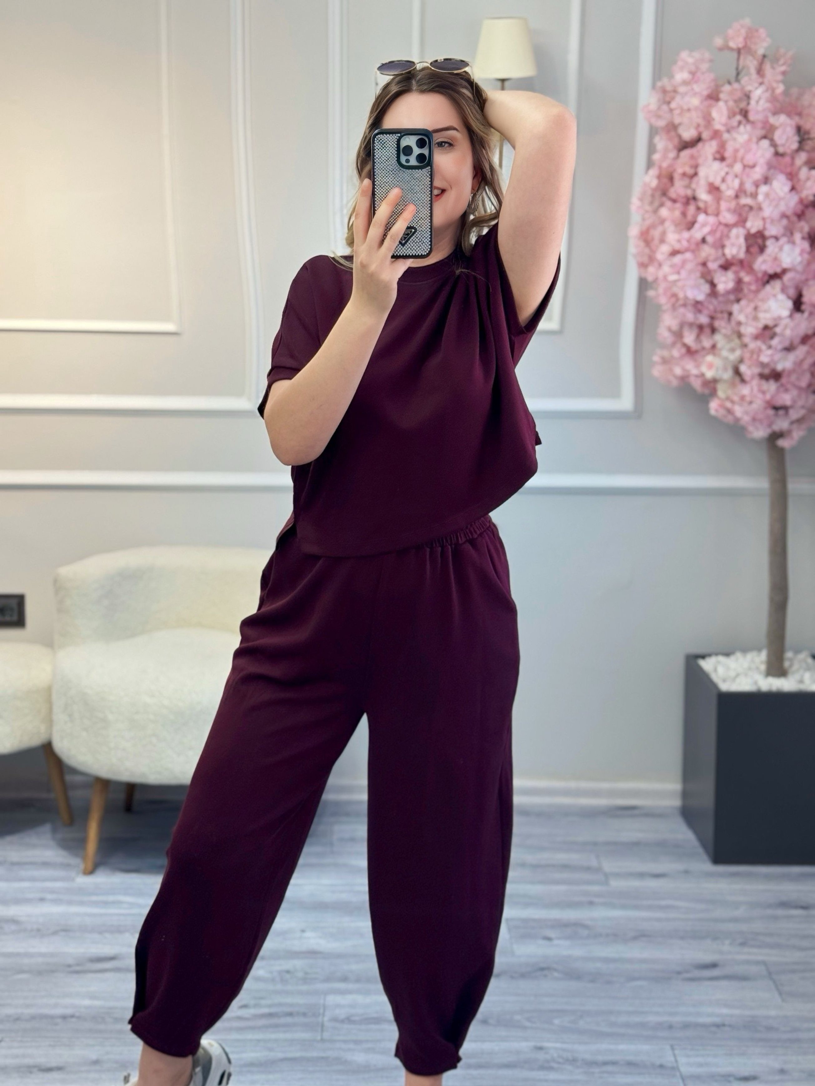 Premium Kalite Bordo Şalvar Pantolon Takım Bordo