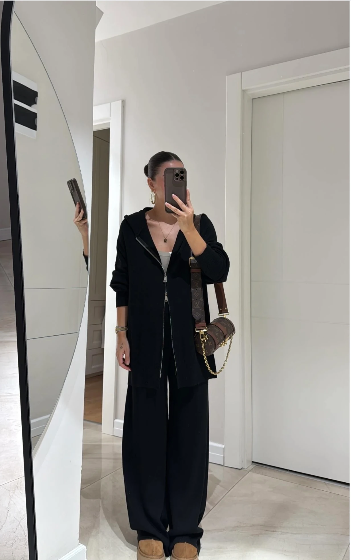 Çift Fermuarlı Kapüşonlu Triko Pantolon Takım