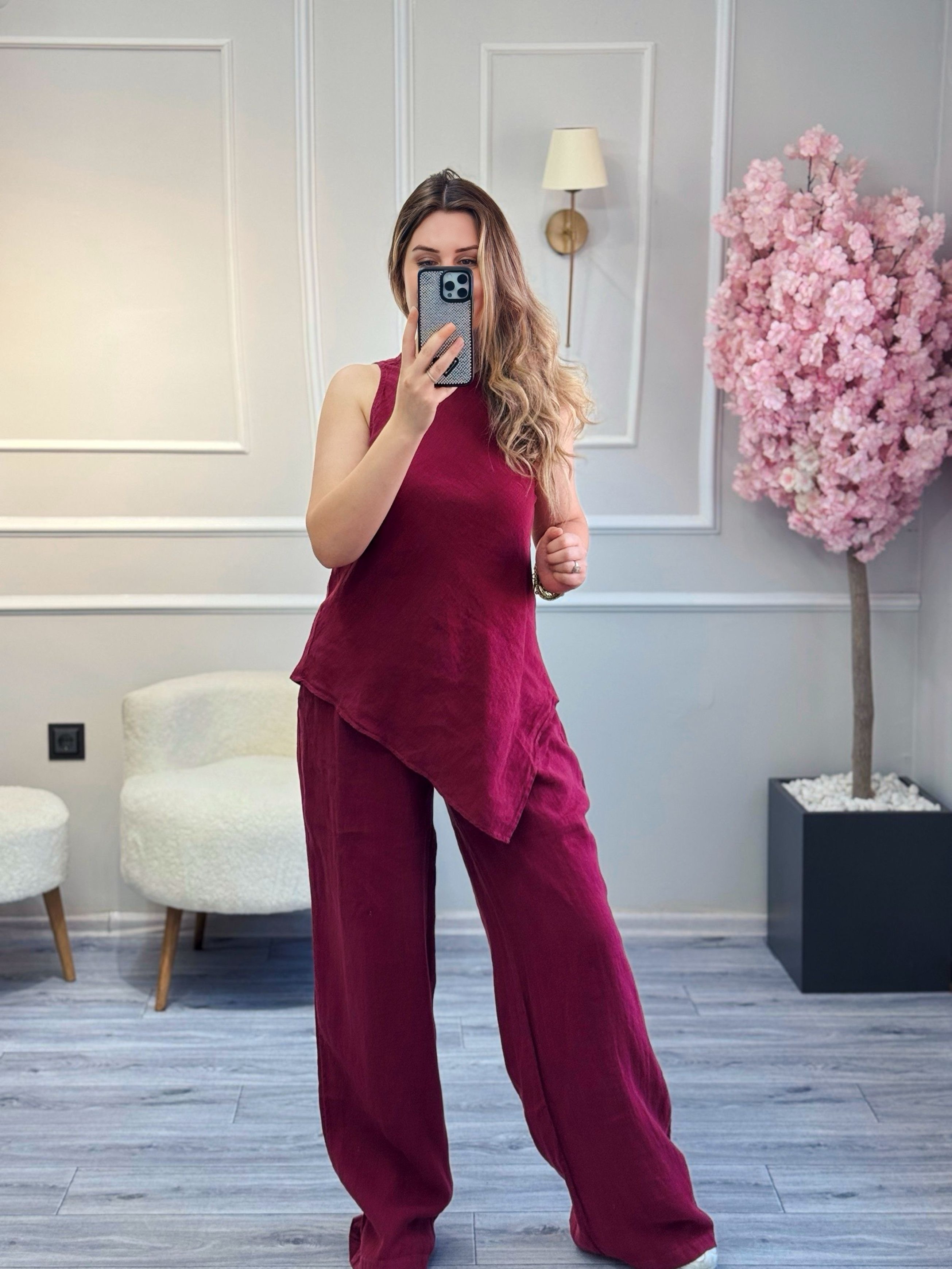 Premium Kalite Asimetrik Kesim Ham Keten Bluz Pantolon Takım