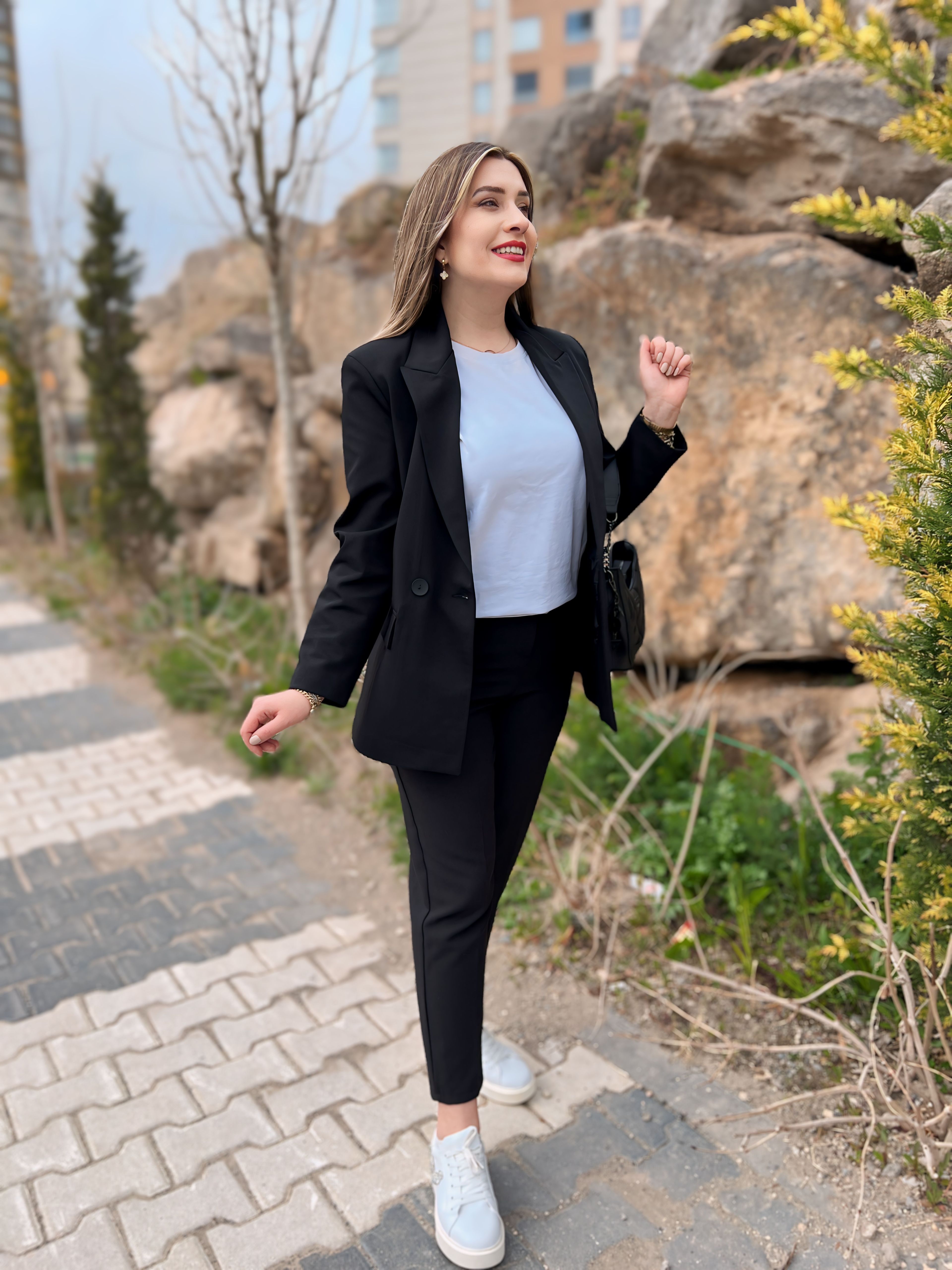 Zr. Çift Cep Oversize Blazer Ceket Siyah