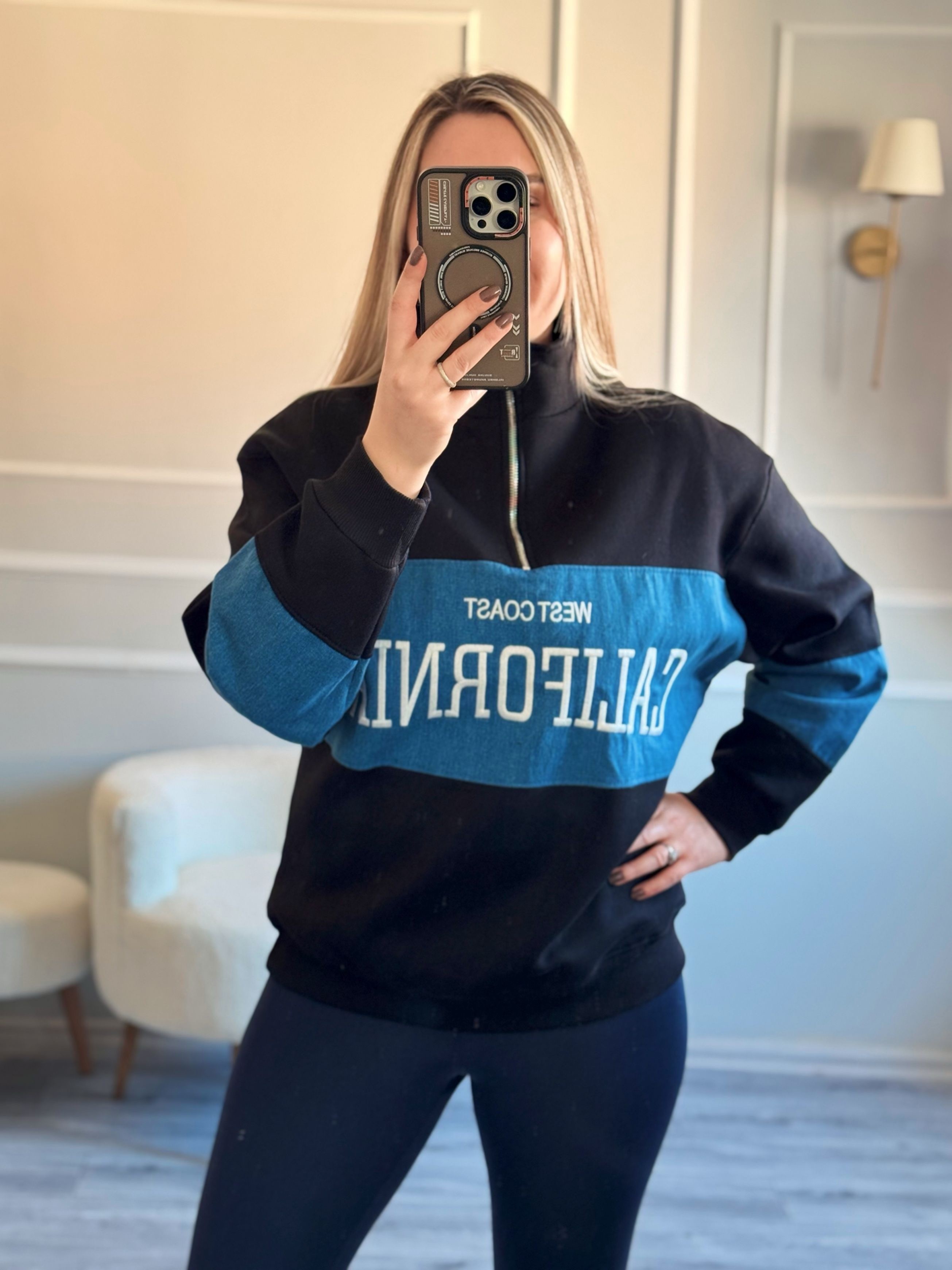 Denim Detaylı Fermuarlı Baskılı Sweat