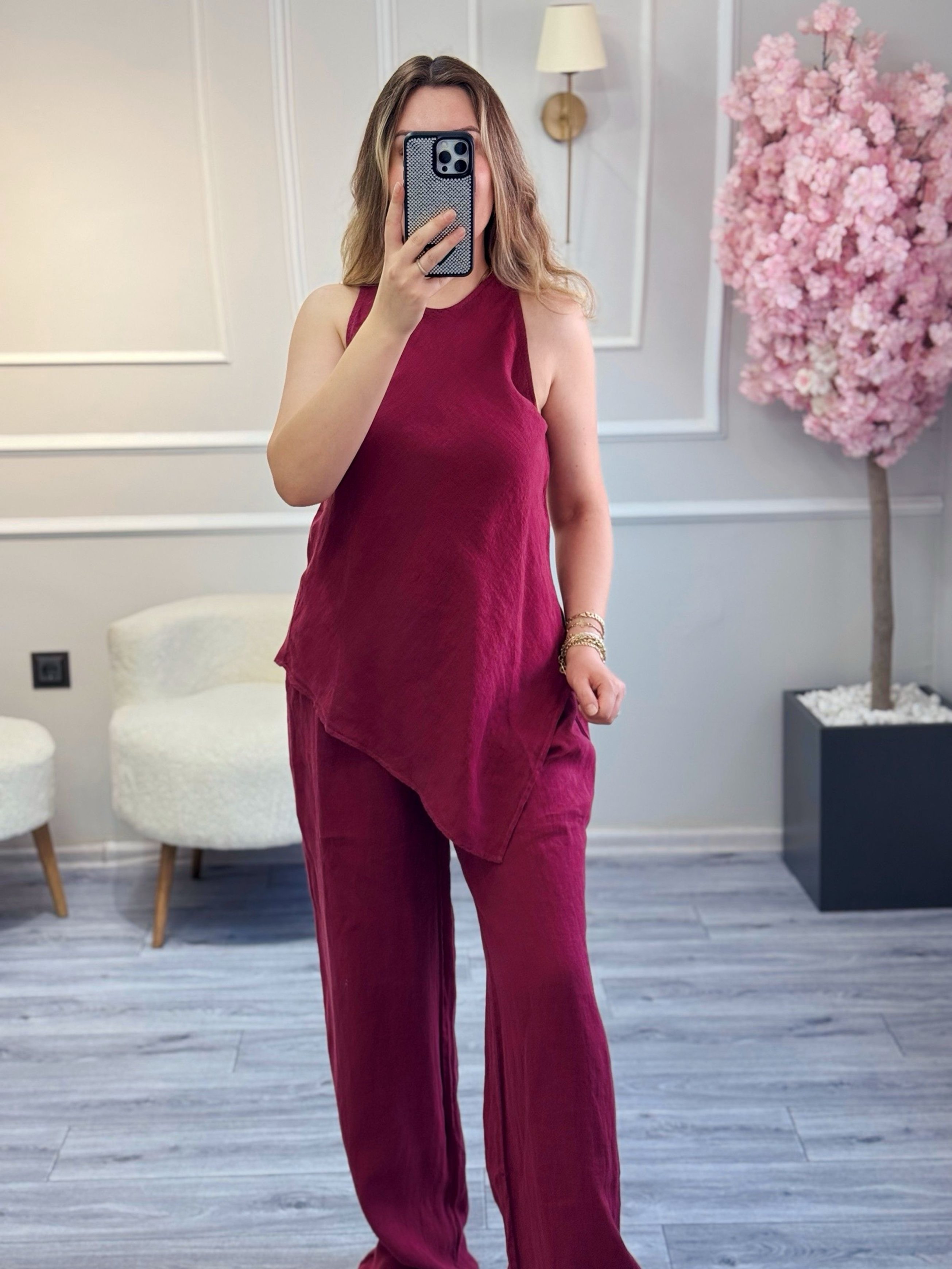 Premium Kalite Asimetrik Kesim Ham Keten Bluz Pantolon Takım