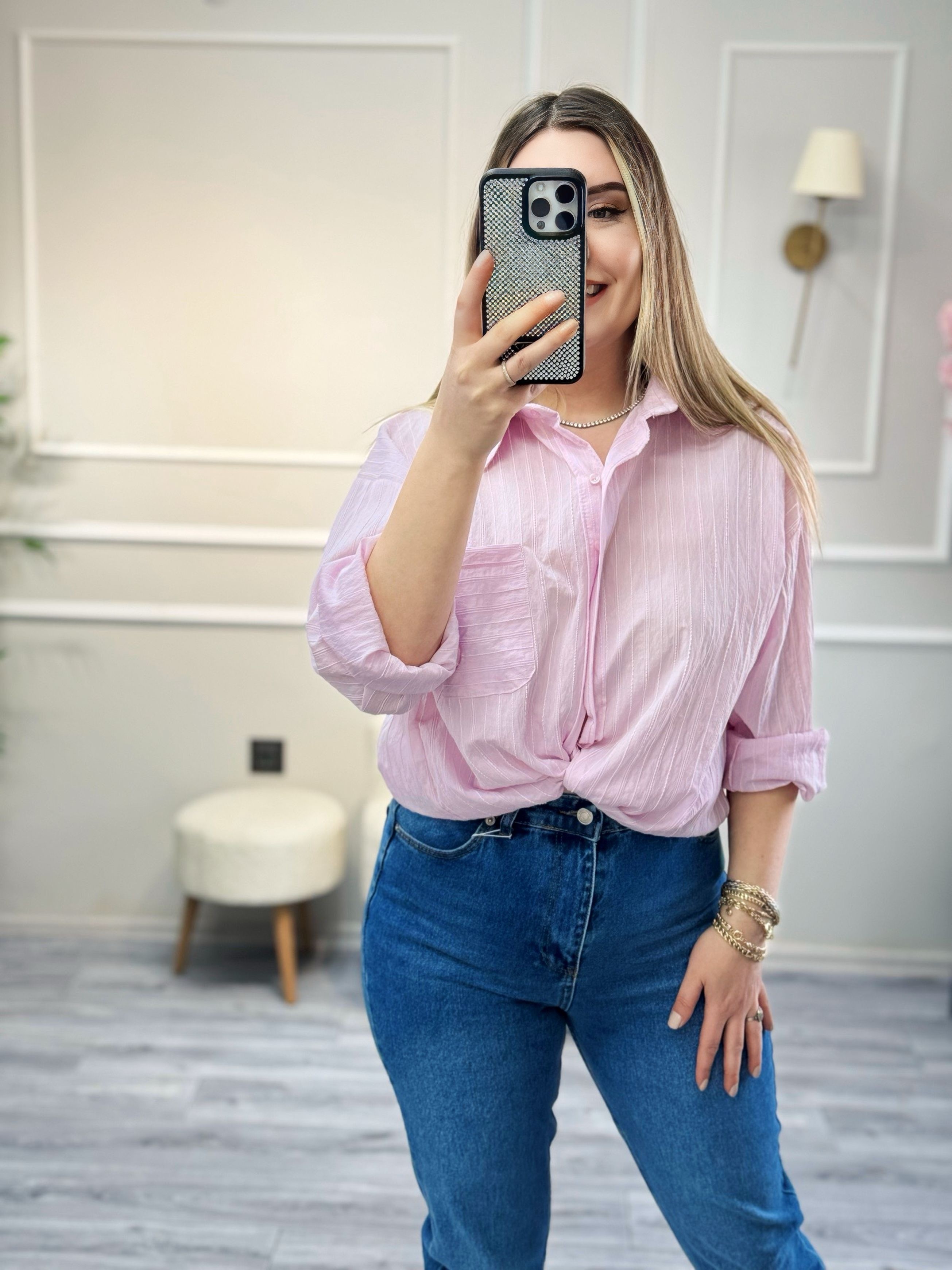 Kendinden Çizgili Gömlek Pembe