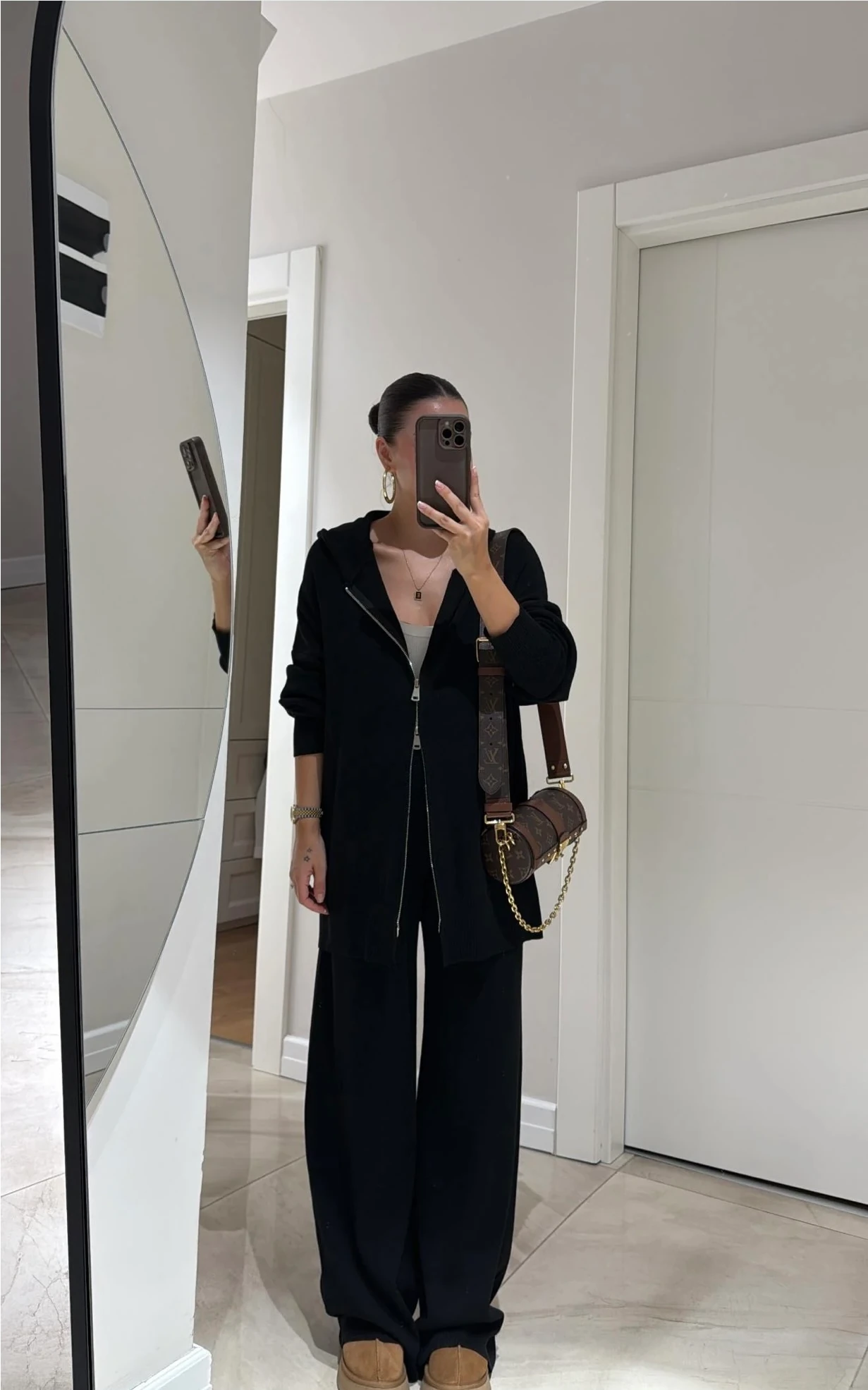 Çift Fermuarlı Kapüşonlu Triko Pantolon Takım