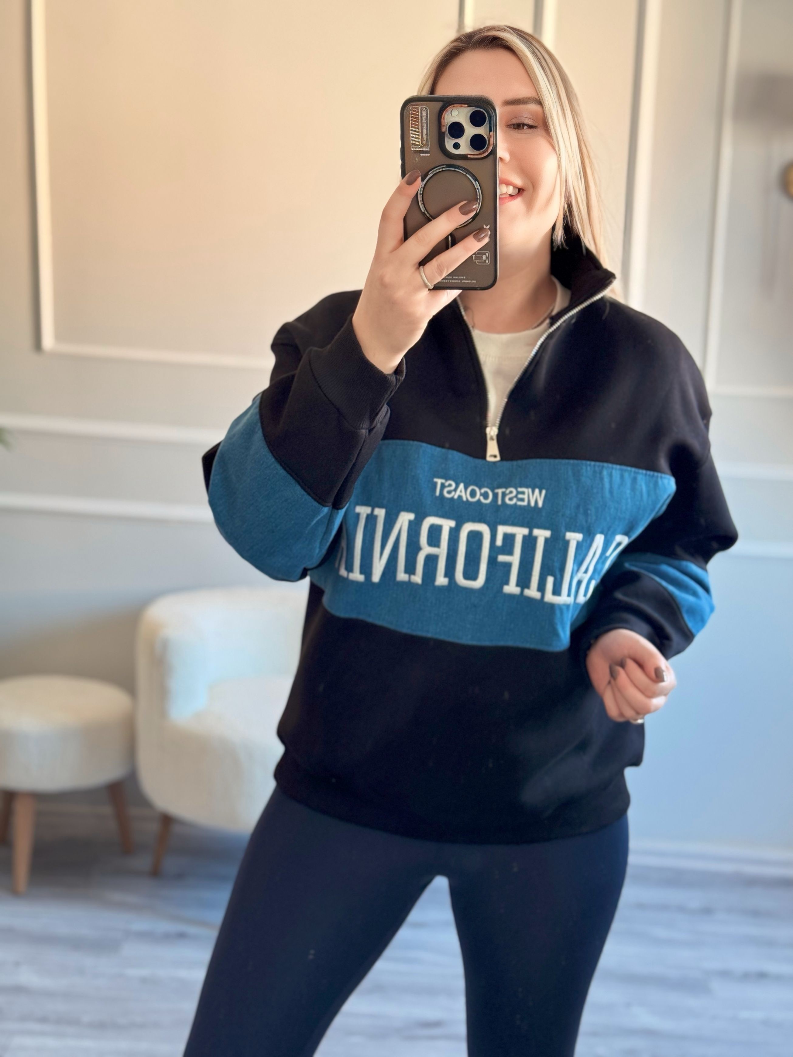 Denim Detaylı Fermuarlı Baskılı Sweat