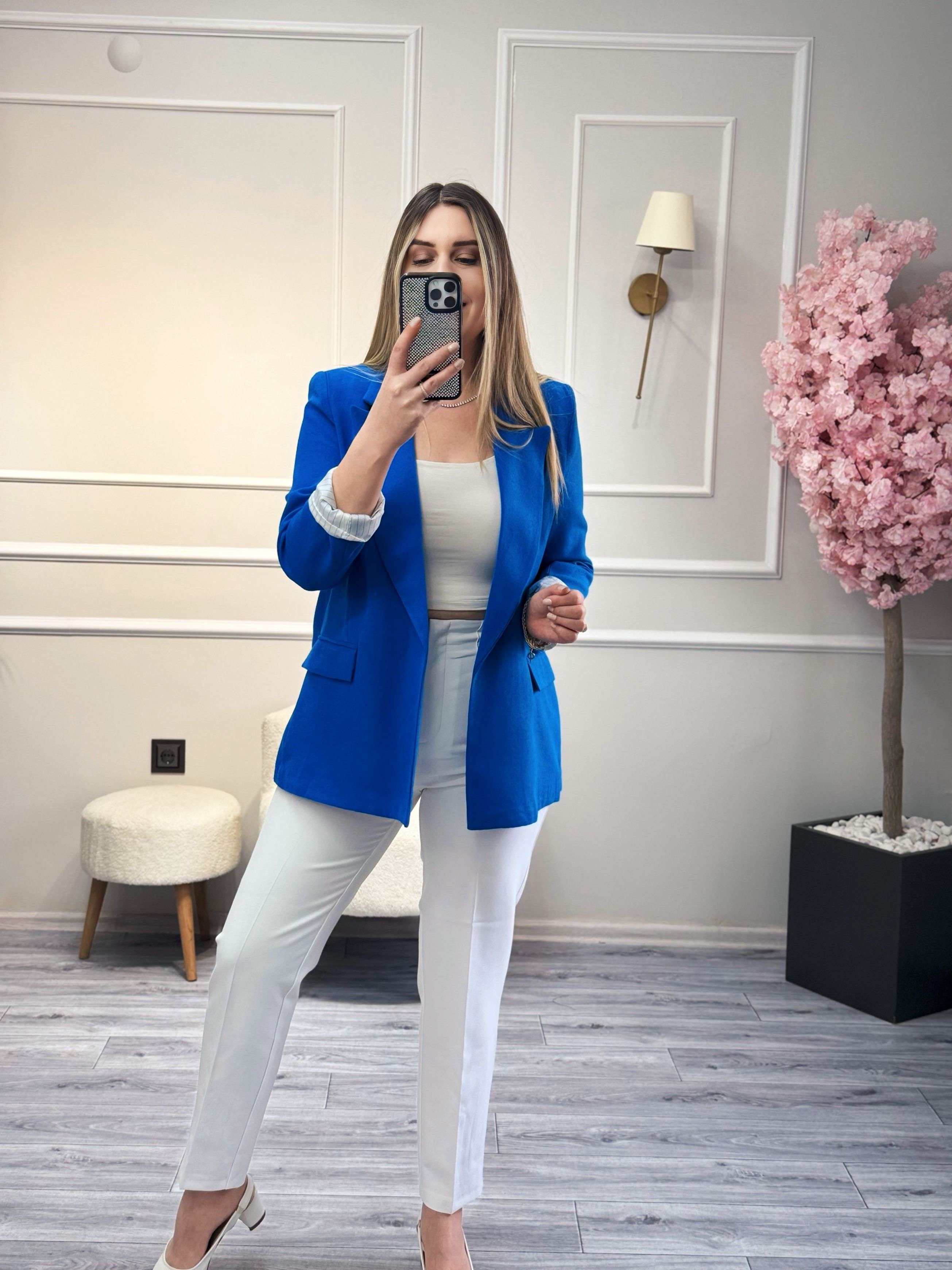 Saks Kolu Katlı Keten Ceket
