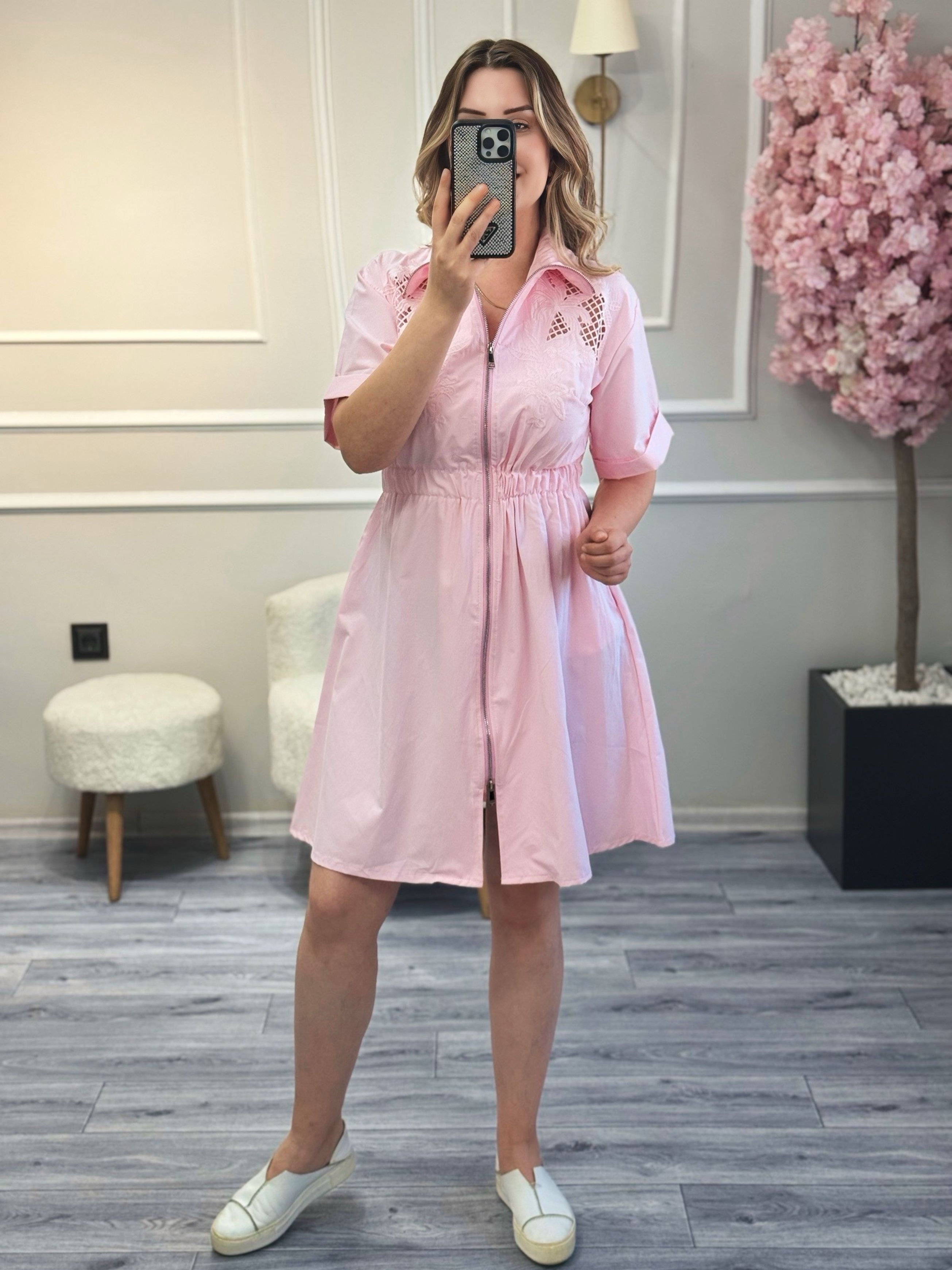 Brode Detaylı Elbise Pembe