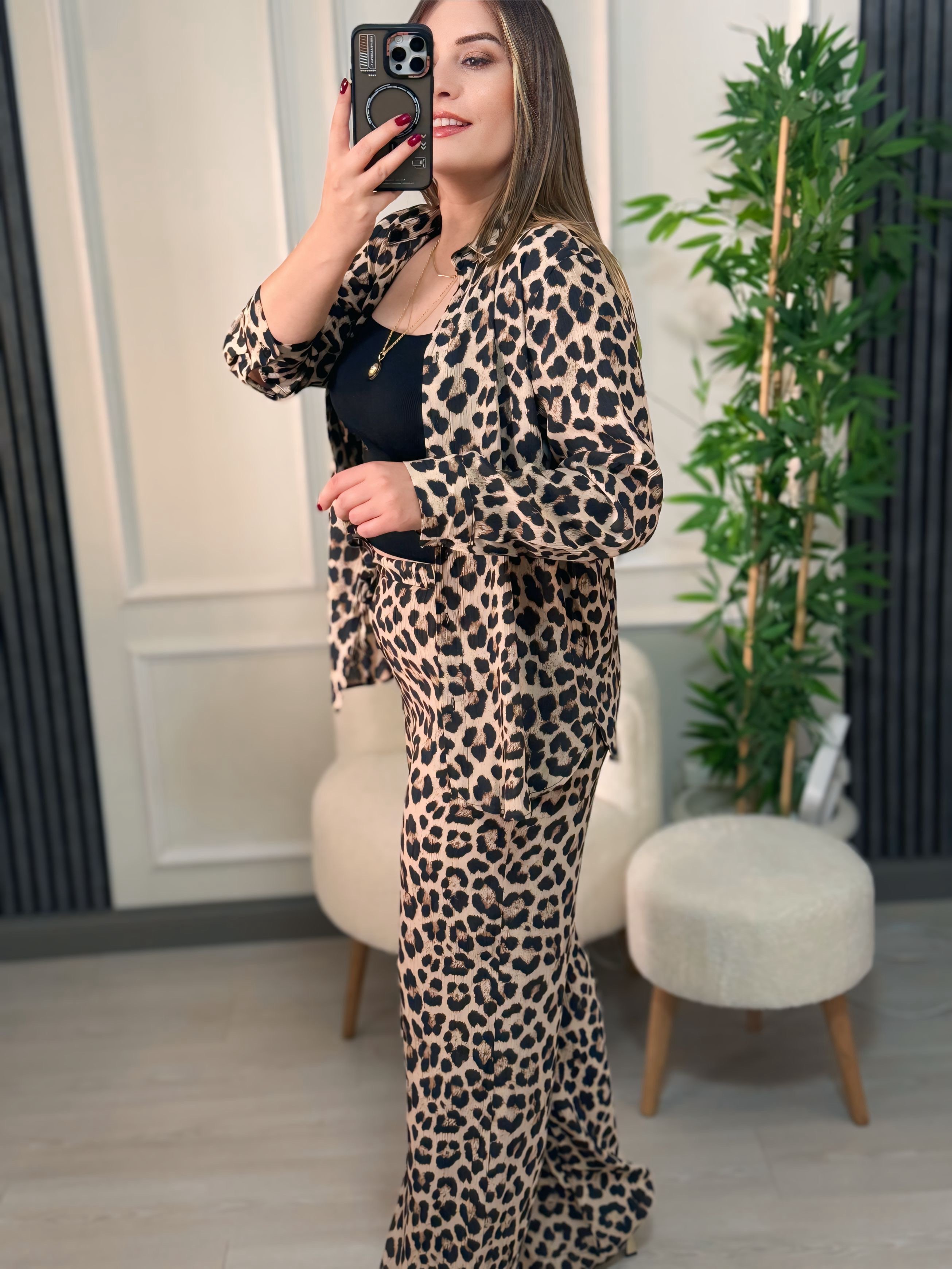 Leopar Desenli Tensel Kumaş İkili Takım