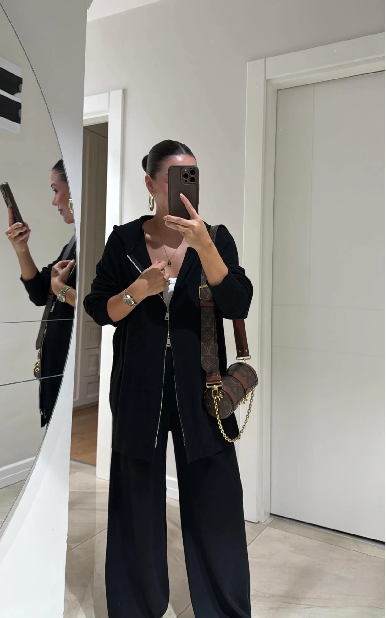 Çift Fermuarlı Kapüşonlu Triko Pantolon Takım