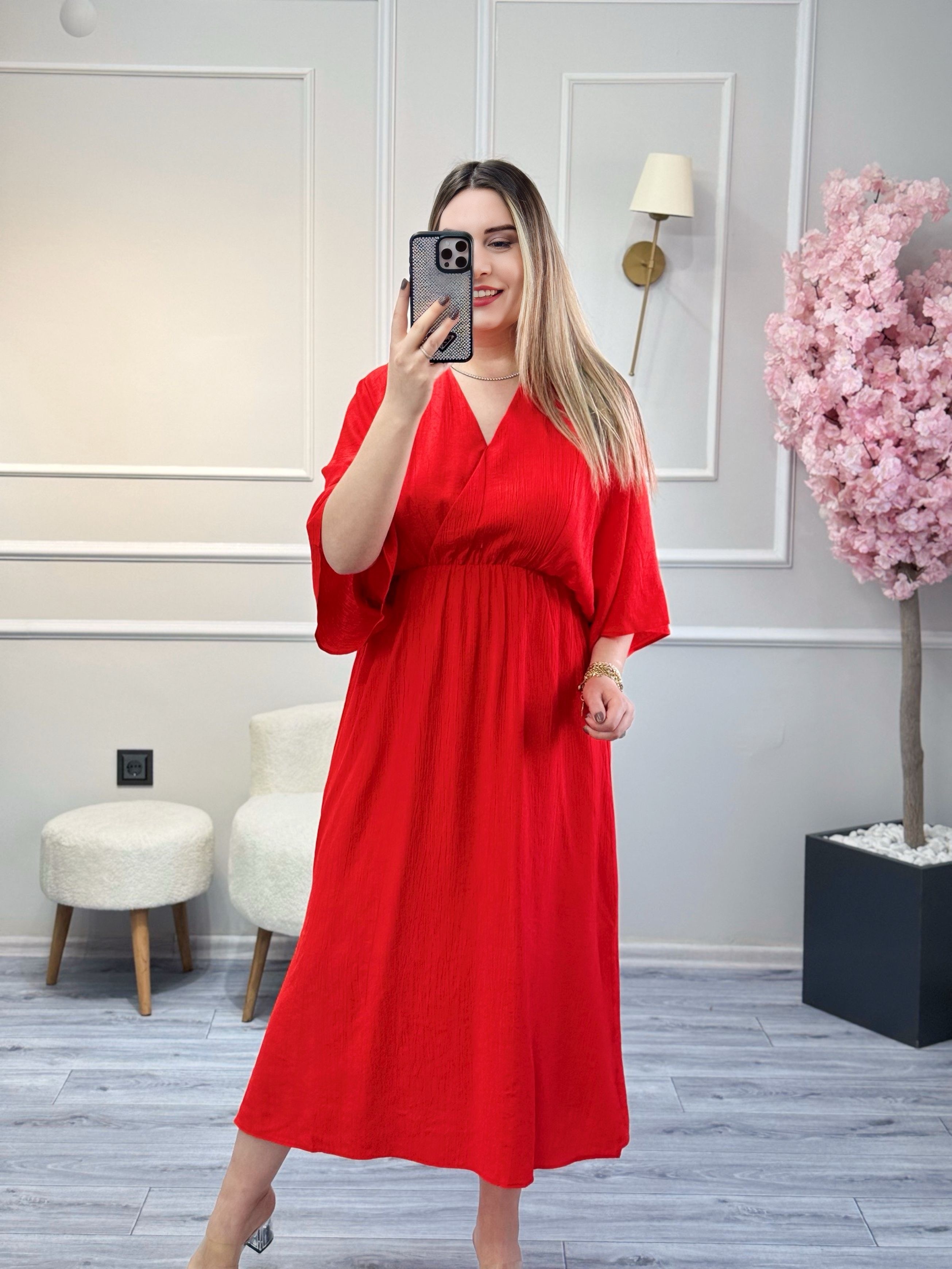 Premium Kalite Yarasa Kol Bel Lastikli Elbise
