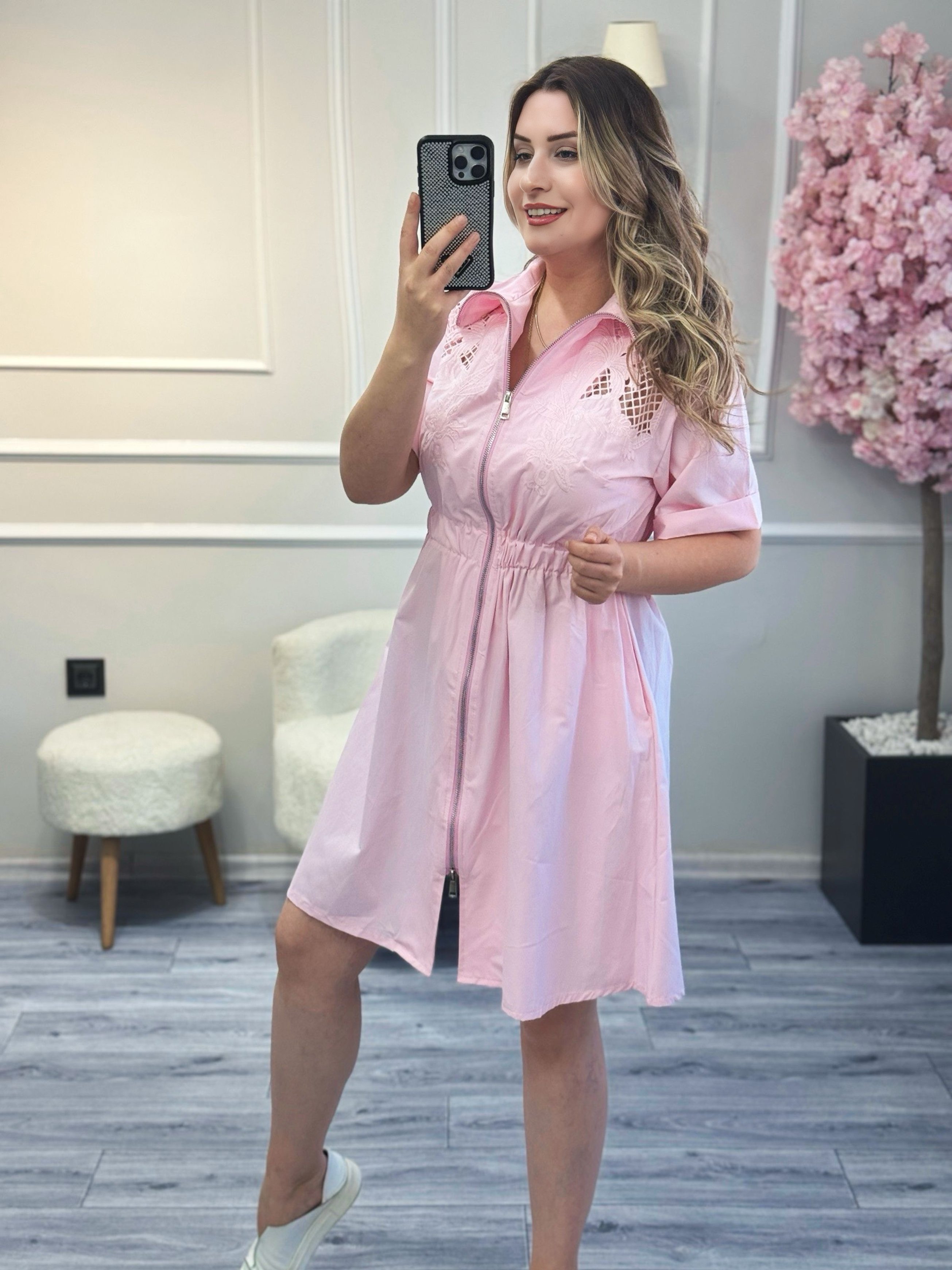 Brode Detaylı Elbise Pembe