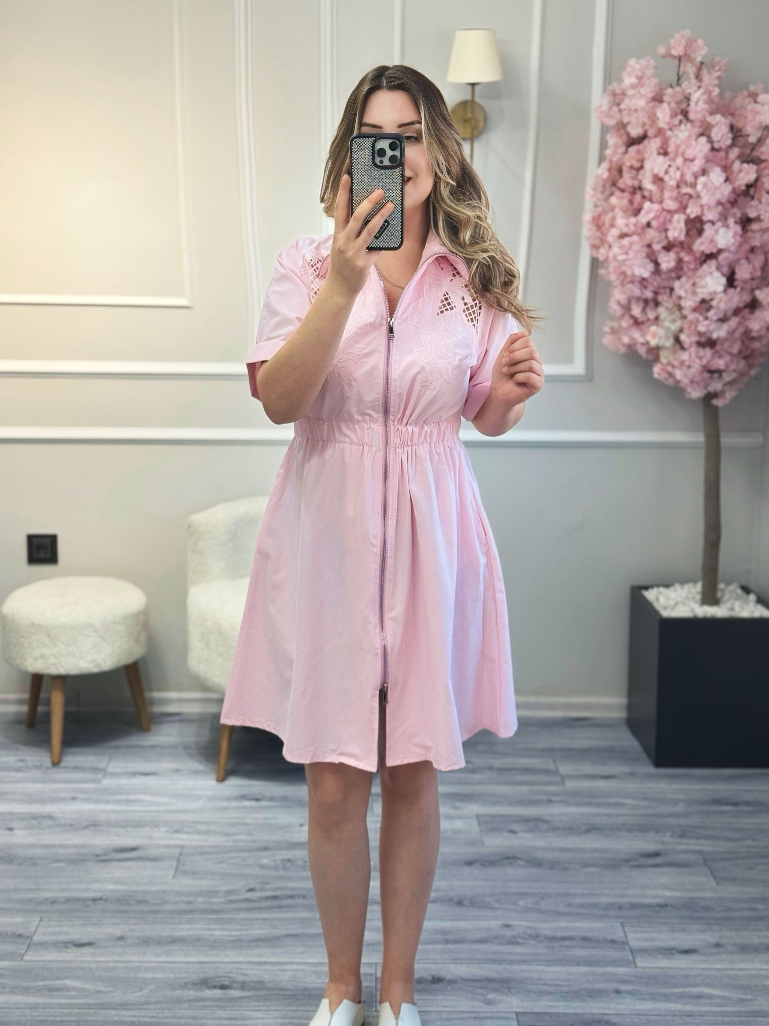 Brode Detaylı Elbise Pembe