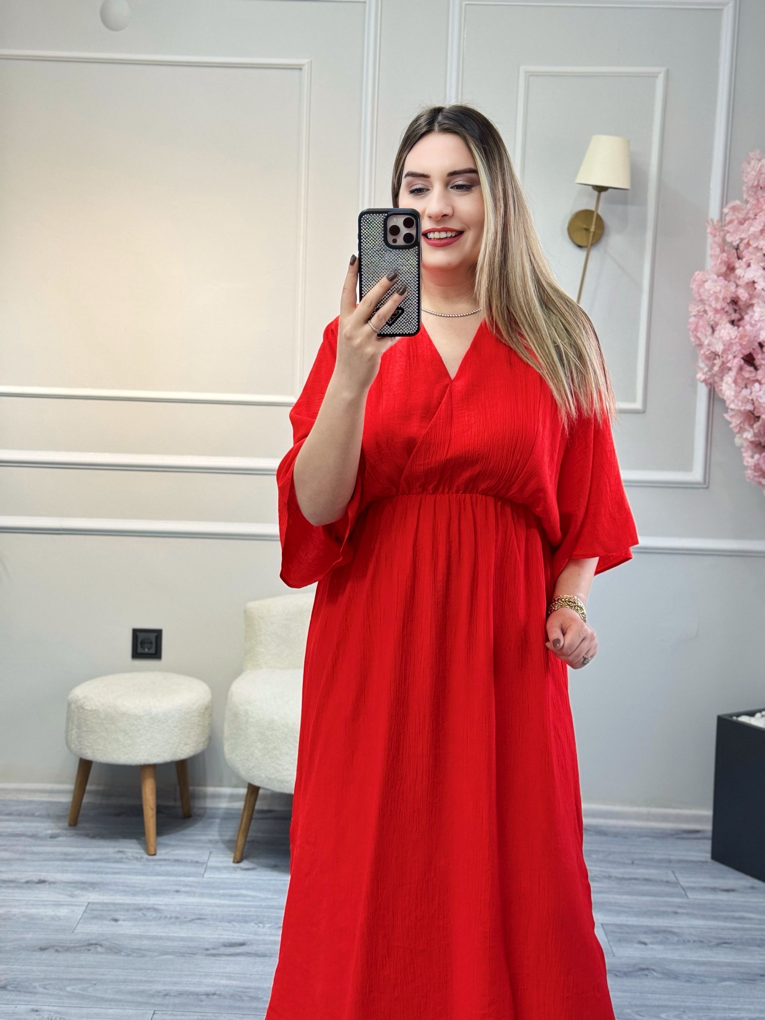 Premium Kalite Yarasa Kol Bel Lastikli Elbise