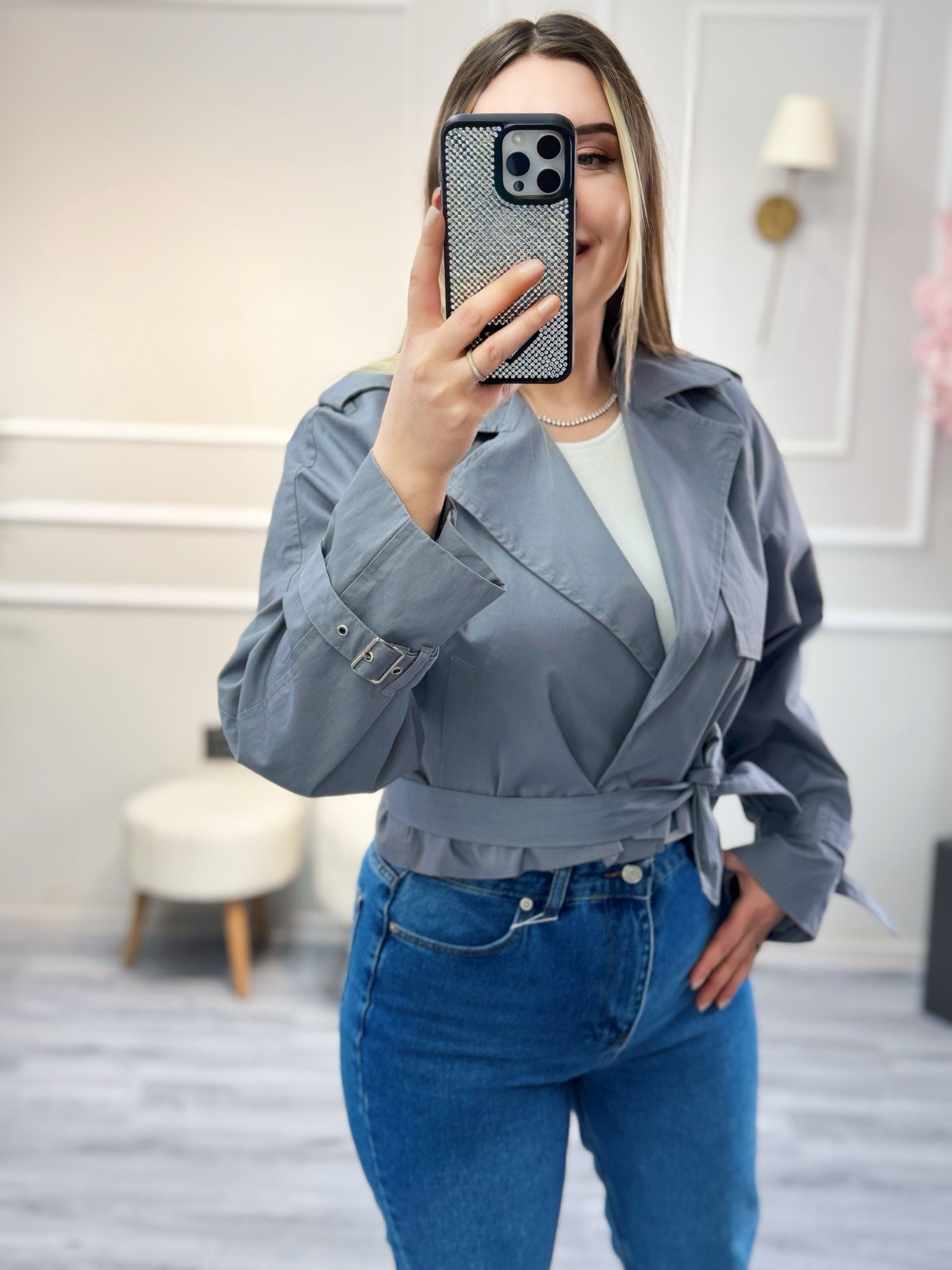 Dilvin Tokalı Crop Trençkot Gri