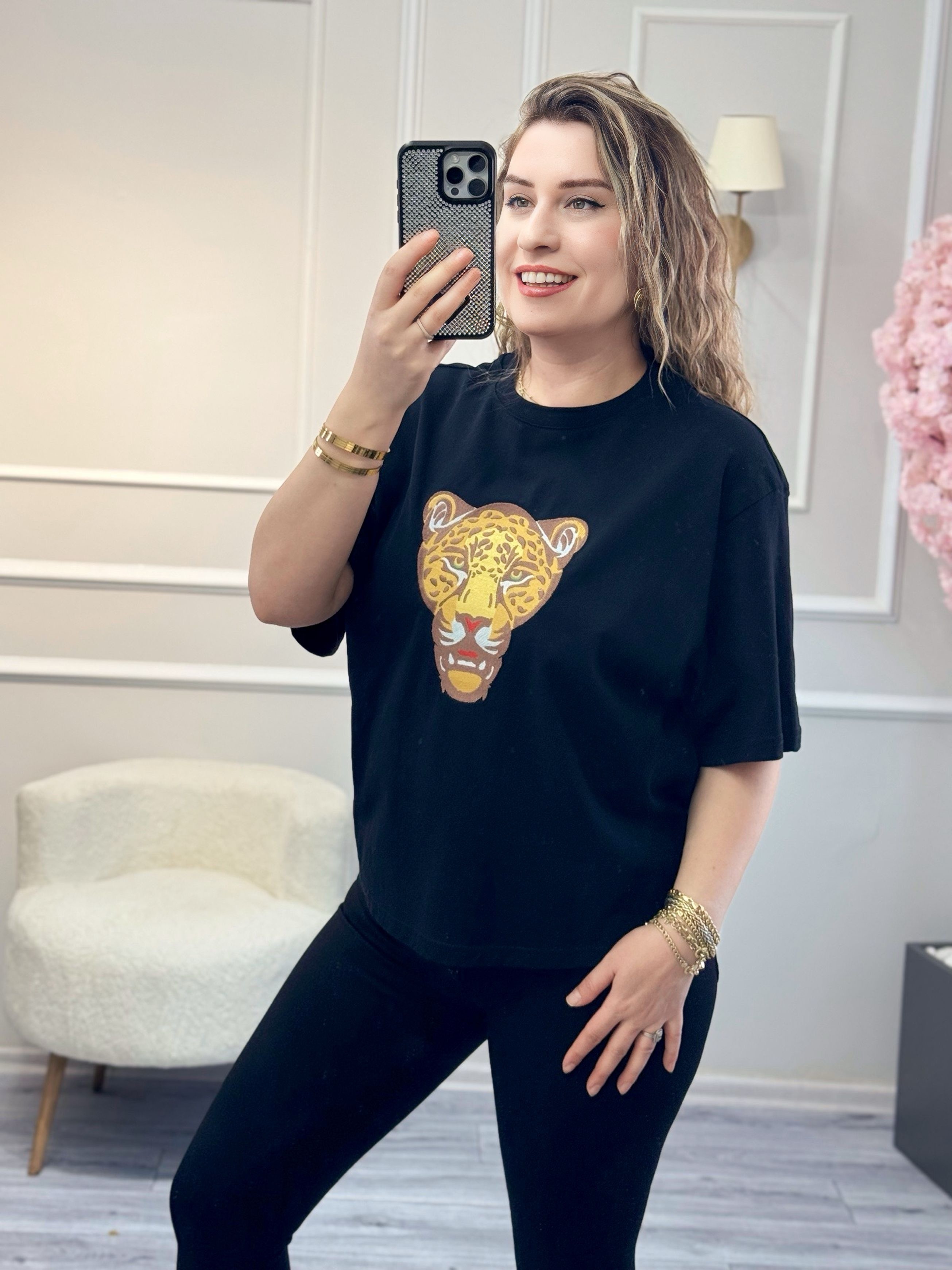 Siyah Kaplan Nakışlı Premium Tshirt