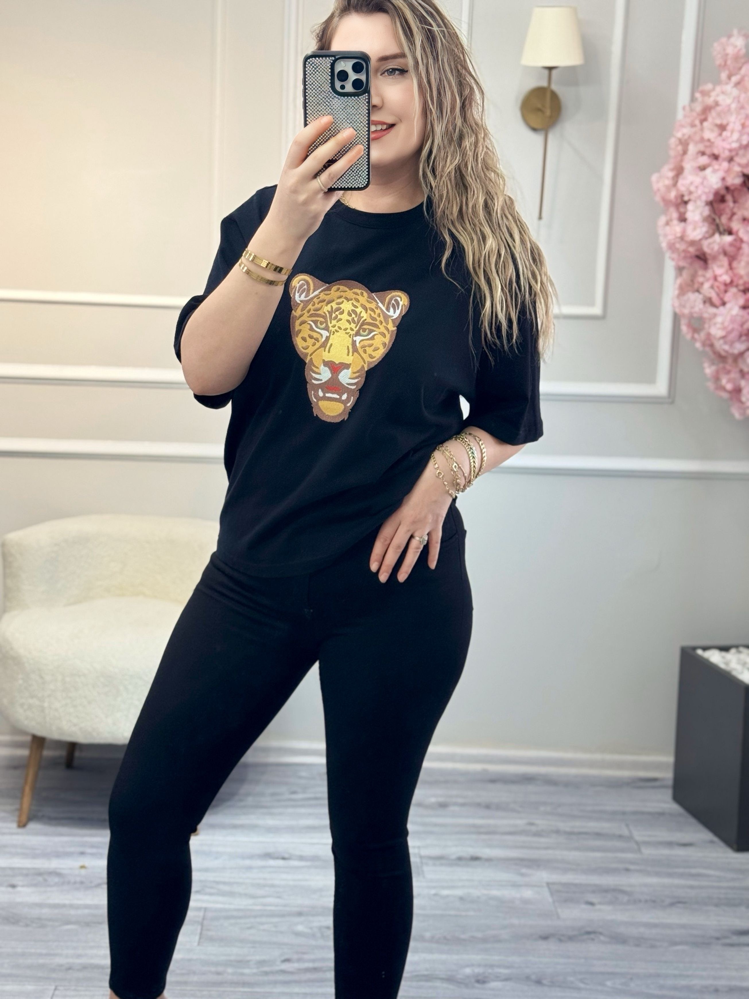 Siyah Kaplan Nakışlı Premium Tshirt