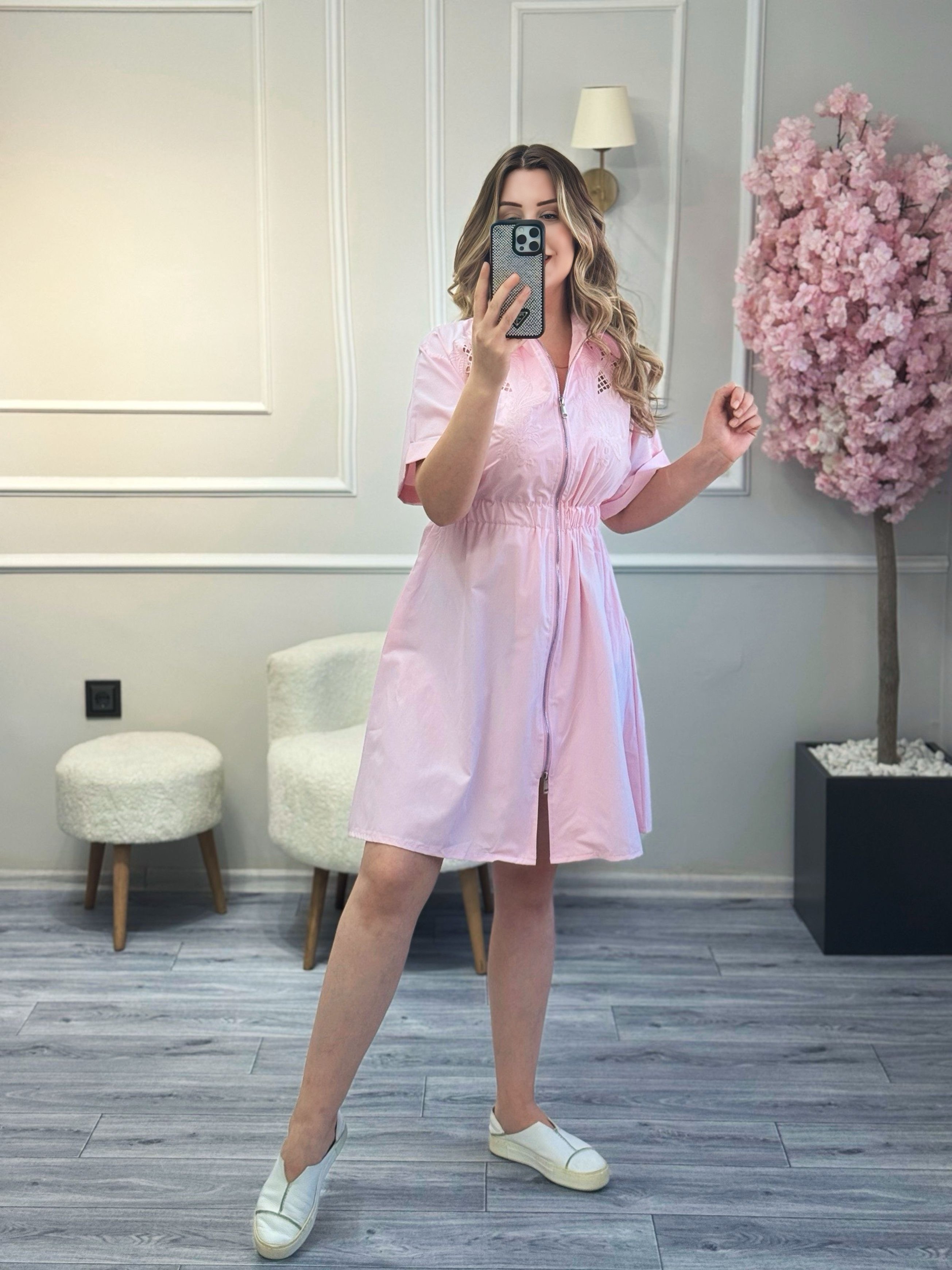 Brode Detaylı Elbise Pembe